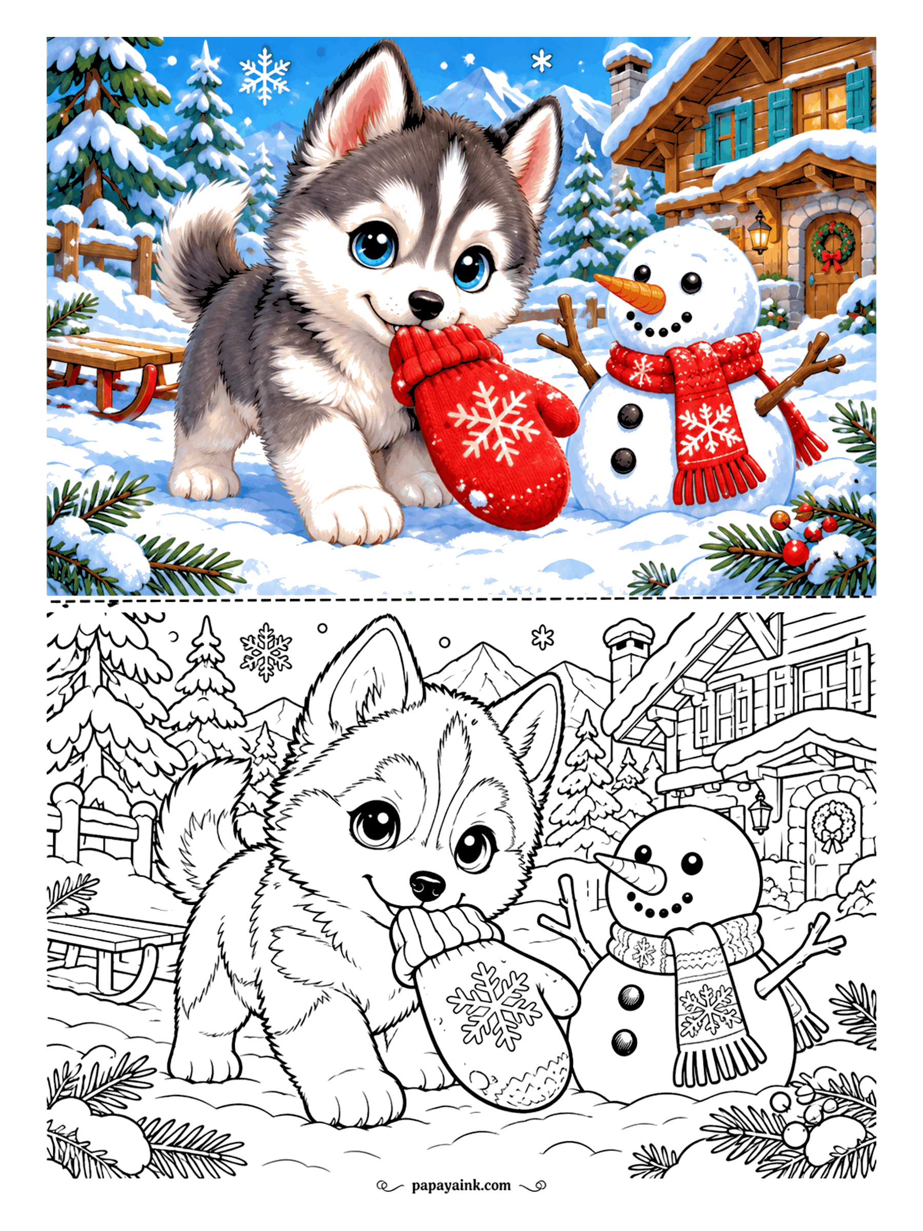 Puppy Coloring Pages - The snowman is missing a mitten, and the husky puppy has it in his teeth. Snow-loaded firs, a sled by the fence, a chalet with a wreath on the door. Leave most of the page white and the red mitten and scarf will do the rest.