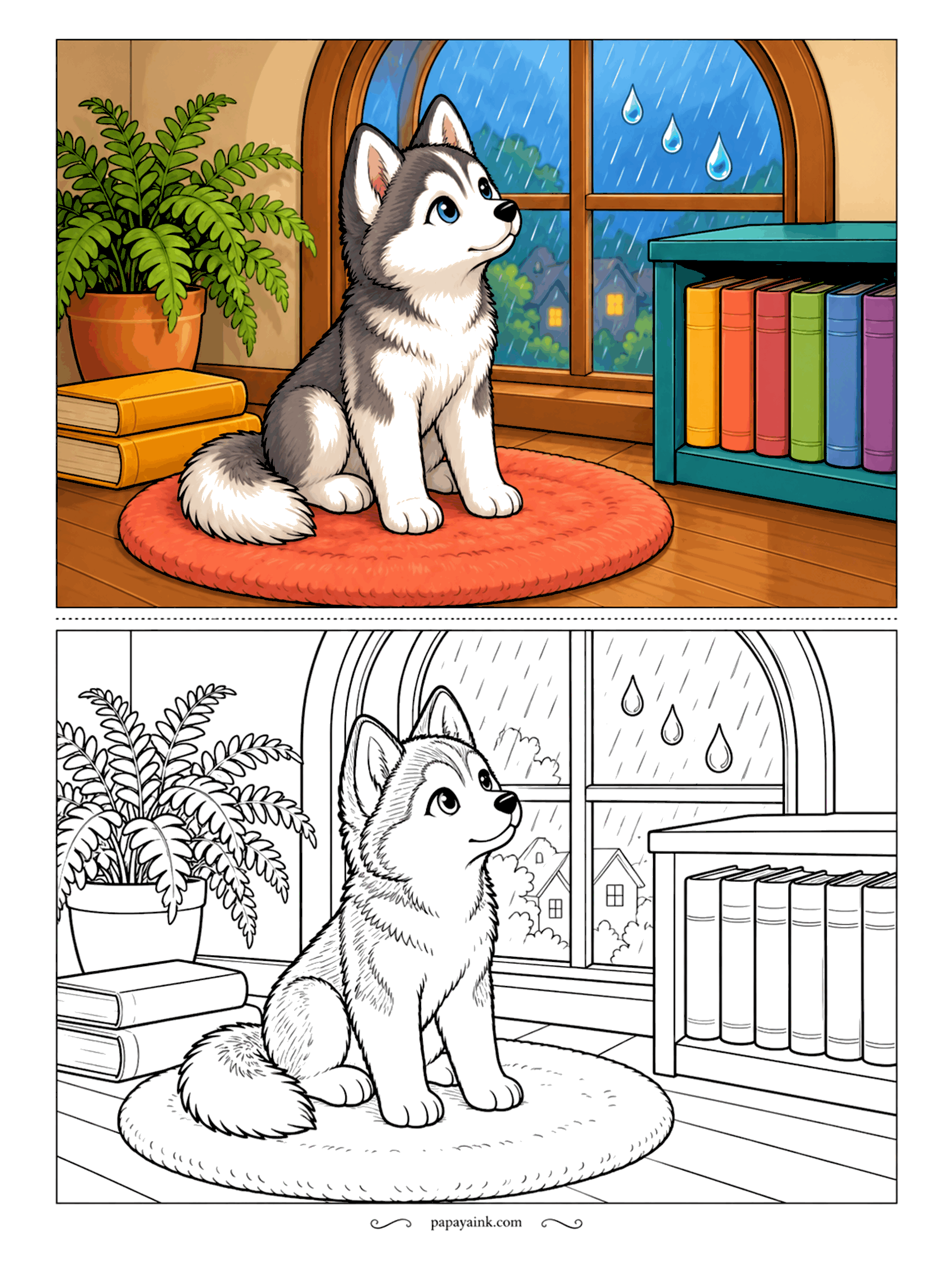 Husky Coloring Pages - Rainy afternoons are for books, but this husky puppy prefers watching the drops slide down the arched window. He sits on a round rug between a stack of novels and a shelf of bright spines. An easy page with large, clear shapes.