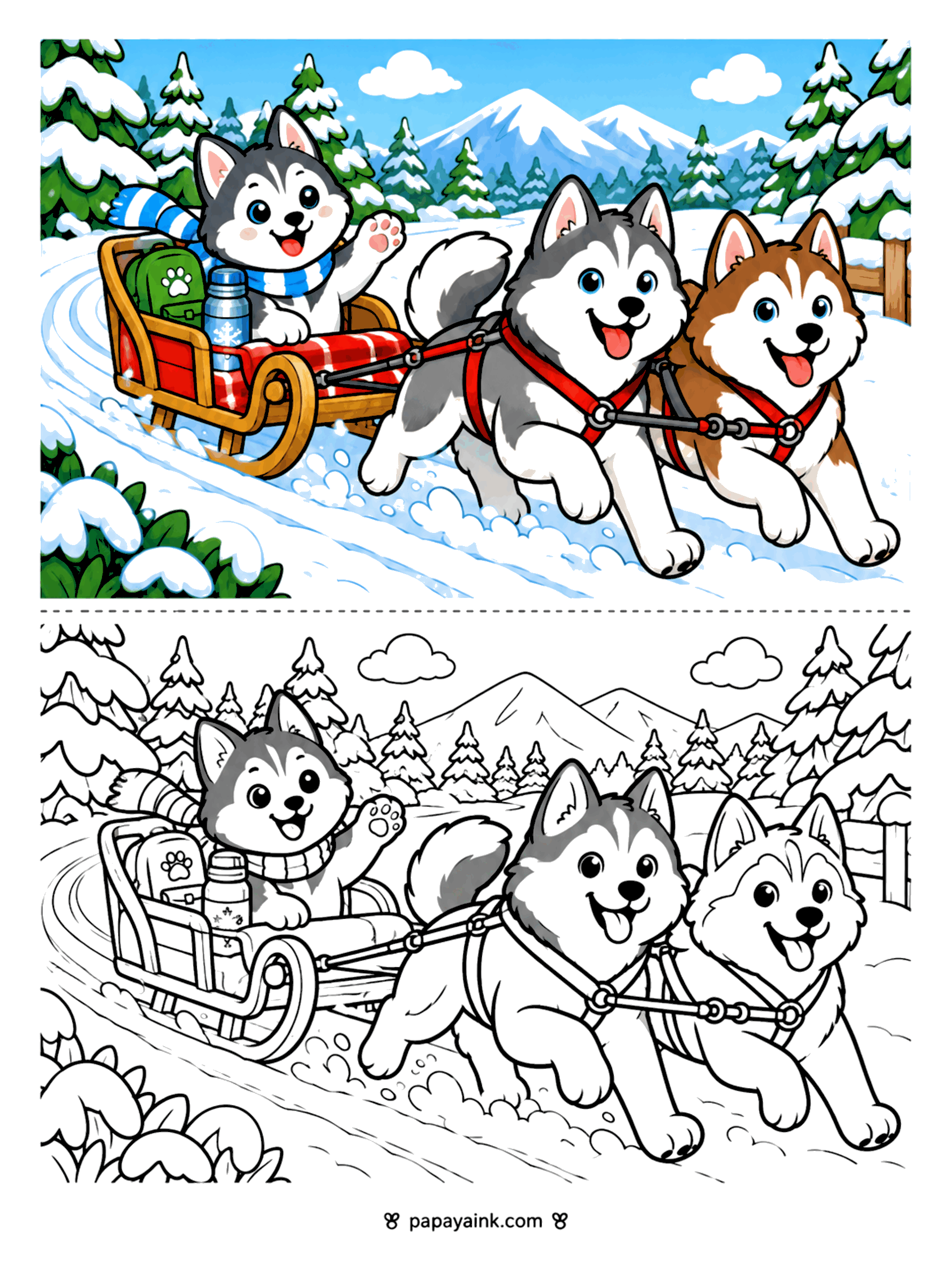 Husky Coloring Pages - Two sled dogs in red harnesses pulling a husky puppy in a wooden sled loaded with a backpack and thermos through snowy mountains