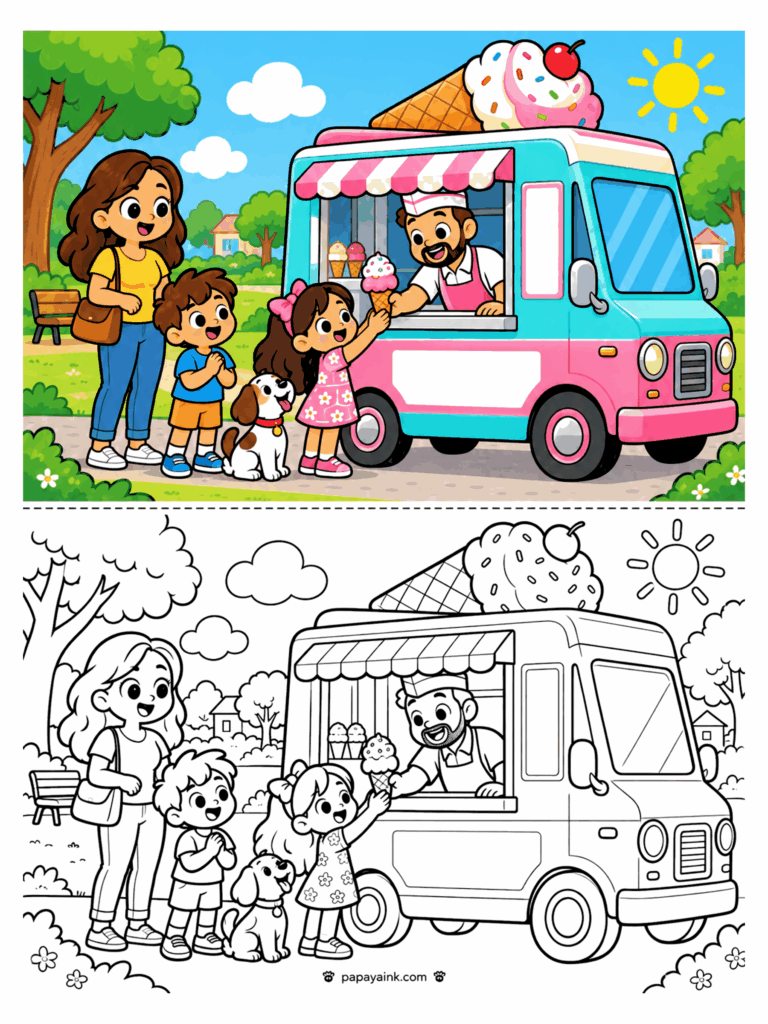 Ice Cream Coloring Pages - Ice cream truck coloring page: a family with their dog buys cones at a pastel ice cream truck in a sunny park.