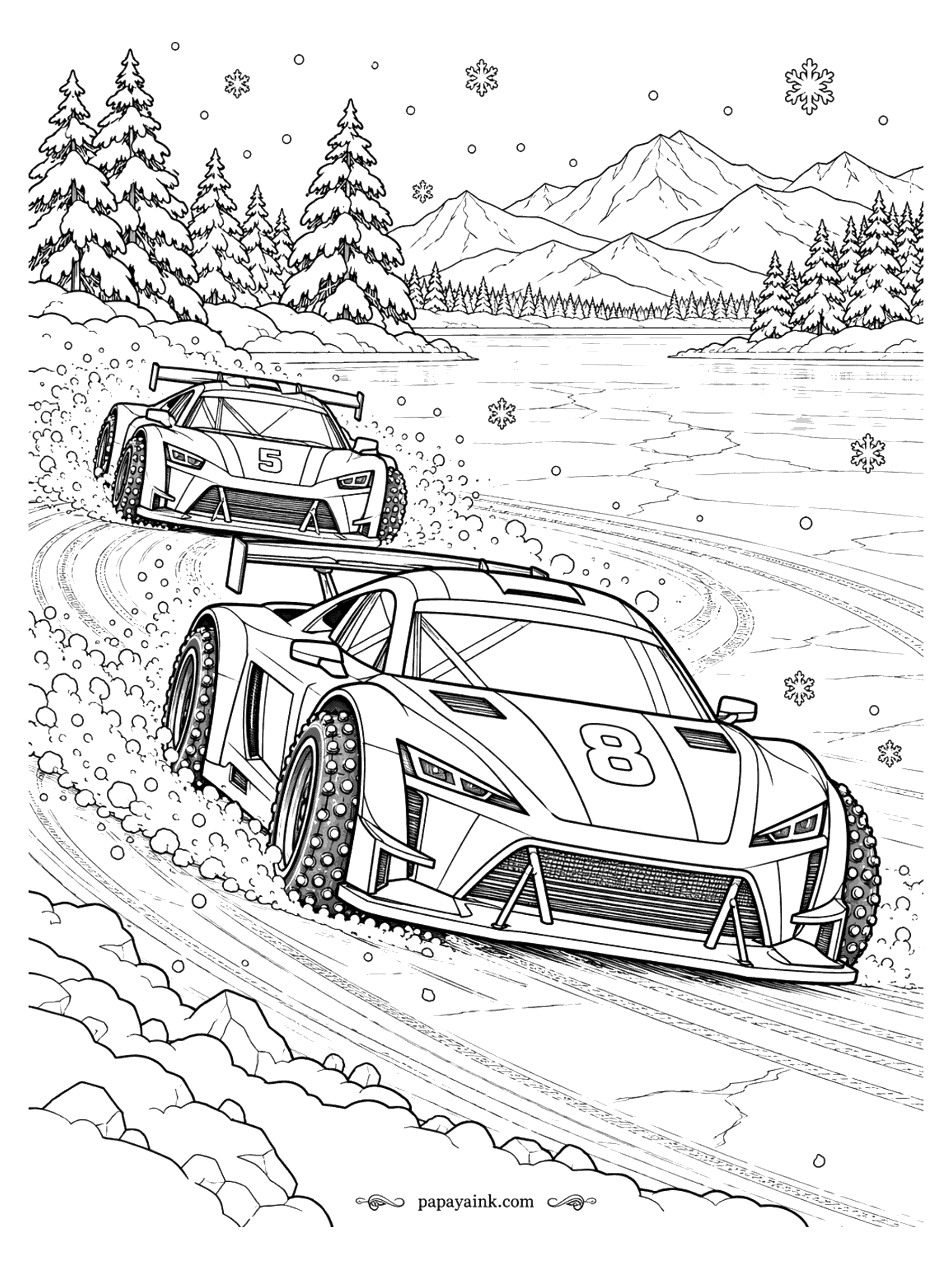 Race Car Coloring Pages - Two race cars on studded tires sliding across a frozen lake with snowy pines, mountains, and falling snowflakes. Detailed