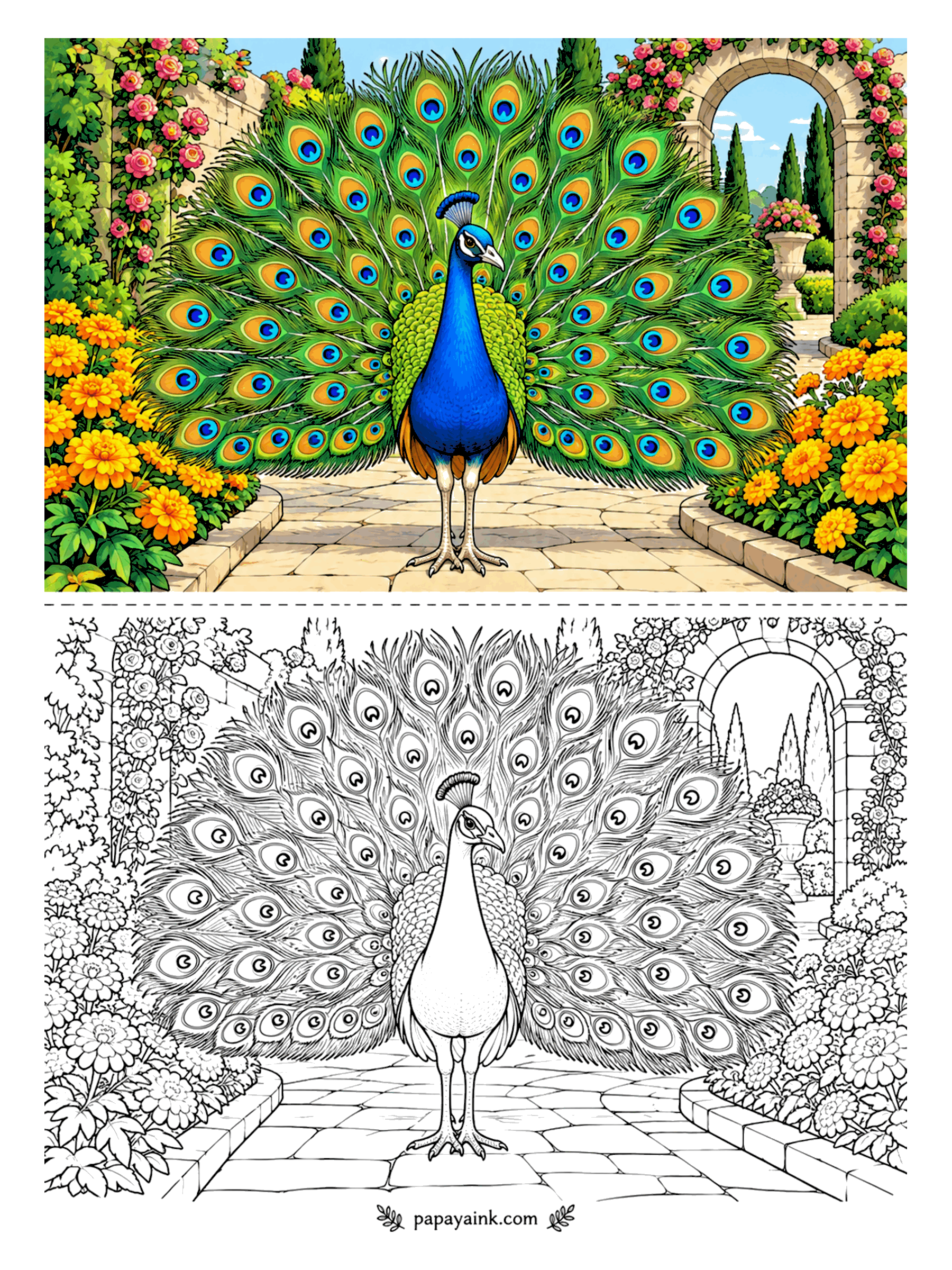 Bird Coloring Pages - Every eye on this train is a tiny target: ring inside ring inside ring. The Indian peafowl holds the full fan open on a garden path between marigolds and climbing roses. Work the tail eyes first, then the green around them. Detailed.