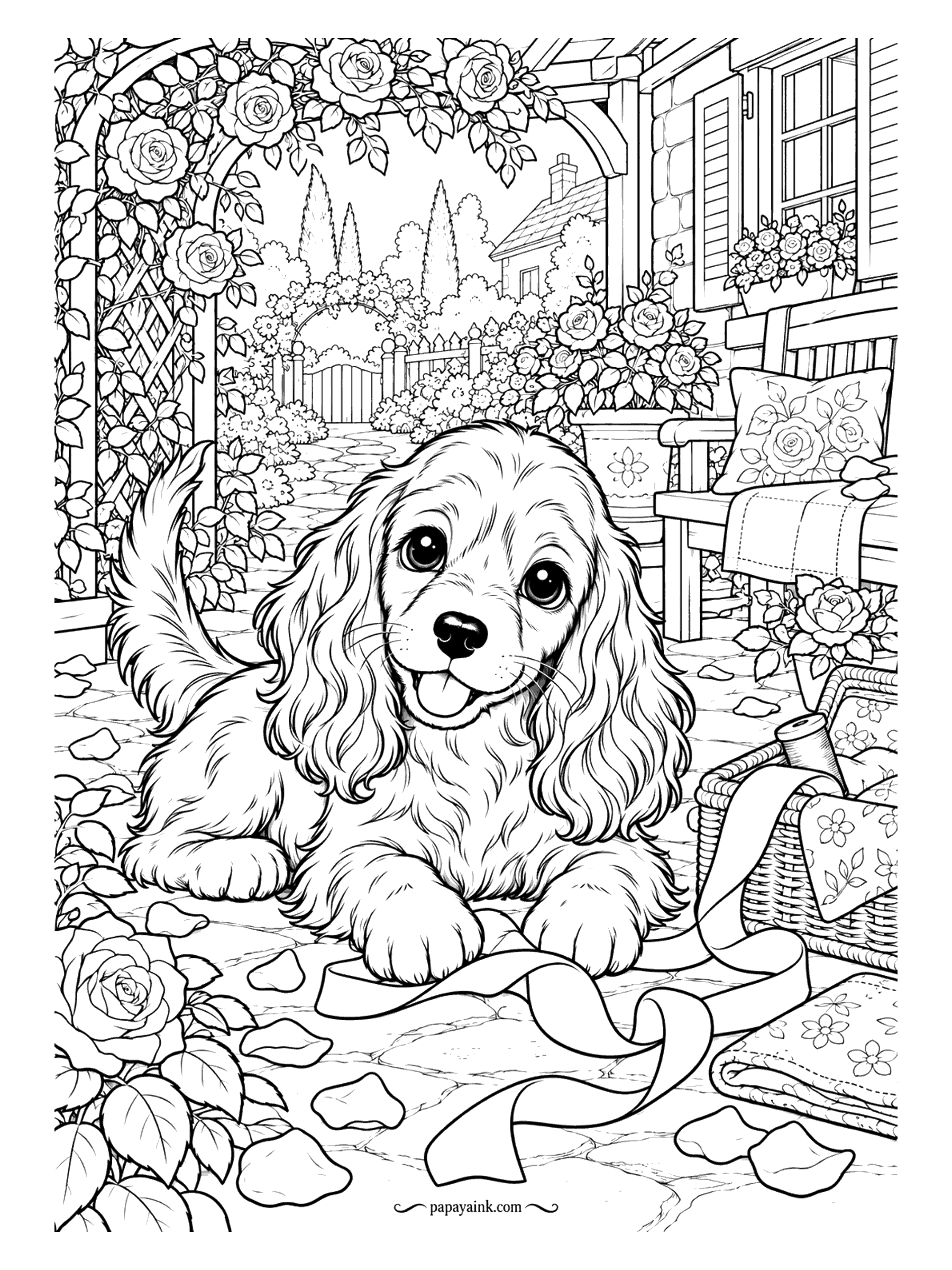 Puppy Coloring Pages - The ribbon was for the roses. The Irish setter puppy has other plans and is wearing most of it now, with a sewing basket spilled on the path and a rose arch behind. Detailed - a page for anyone who loves coloring flowers.