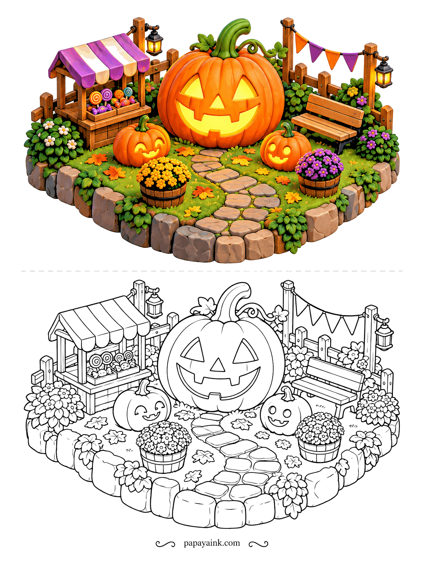 Pumpkin Coloring Pages - A tiny Halloween garden on a round stone island: a candy stall with a striped awning, three jack-o'-lanterns, a bench, hanging lanterns and barrels of flowers. It looks like a video game level. Even, bright colors work best.