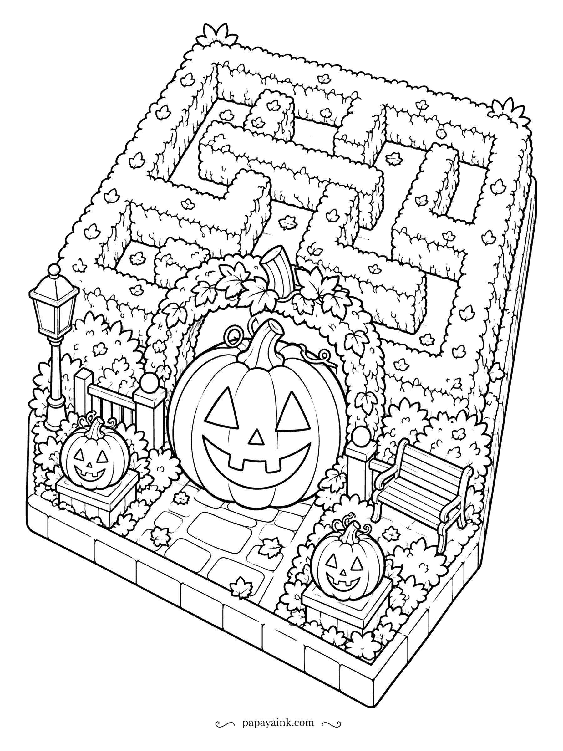 Pumpkin Coloring Pages - A hedge maze shown as a tiny 3D block, with a big jack-o'-lantern guarding the entrance and two smaller ones on pedestals. There is a bench and a lamp post for anyone who gets lost. Detailed.