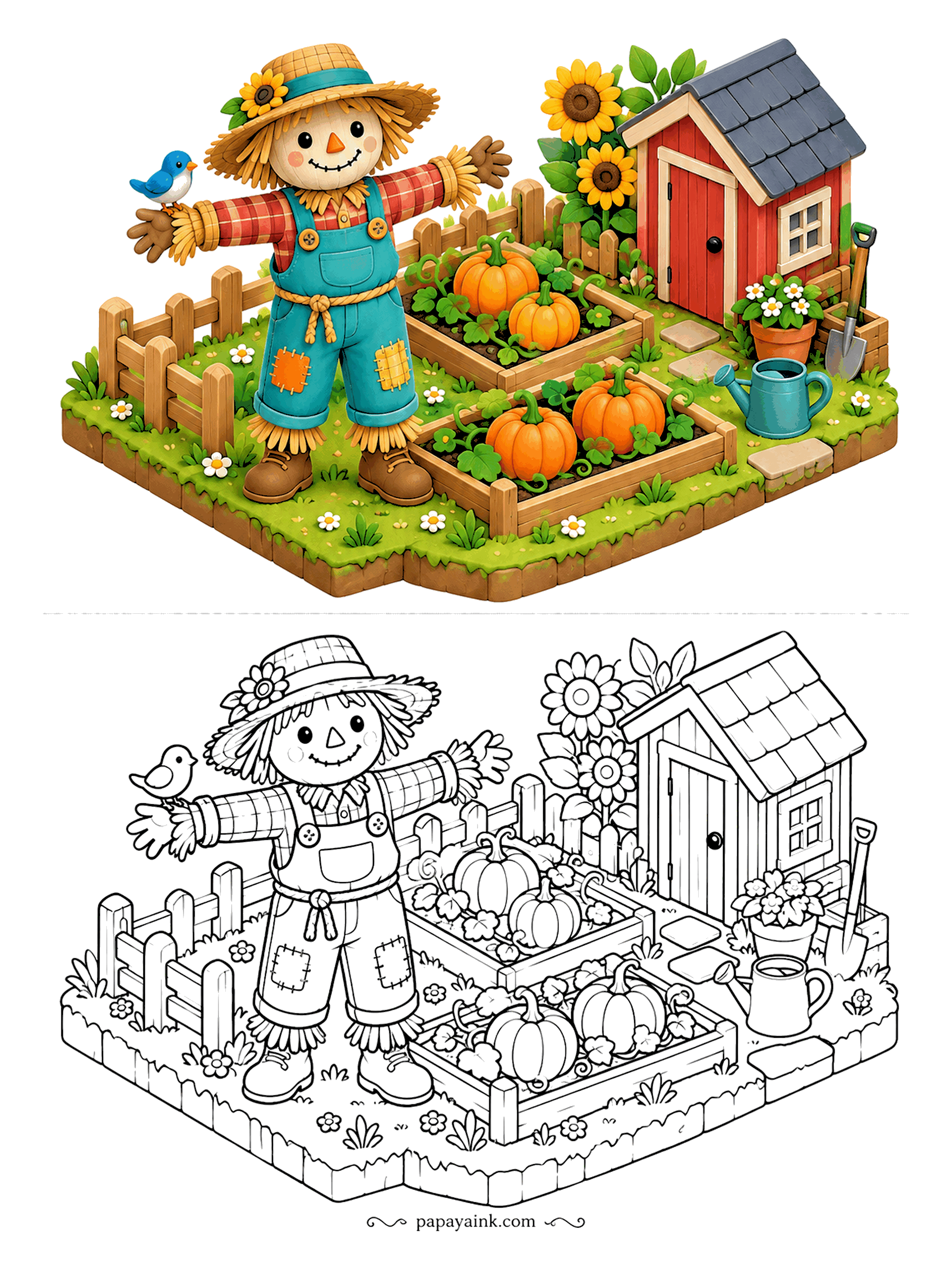 Scarecrow Coloring Pages - A whole garden on one tiny isometric island: raised pumpkin beds, a red tool shed, a sprinkling can and a spade, with the scarecrow standing guard at the corner. It looks like a game level - try bright, even colors.