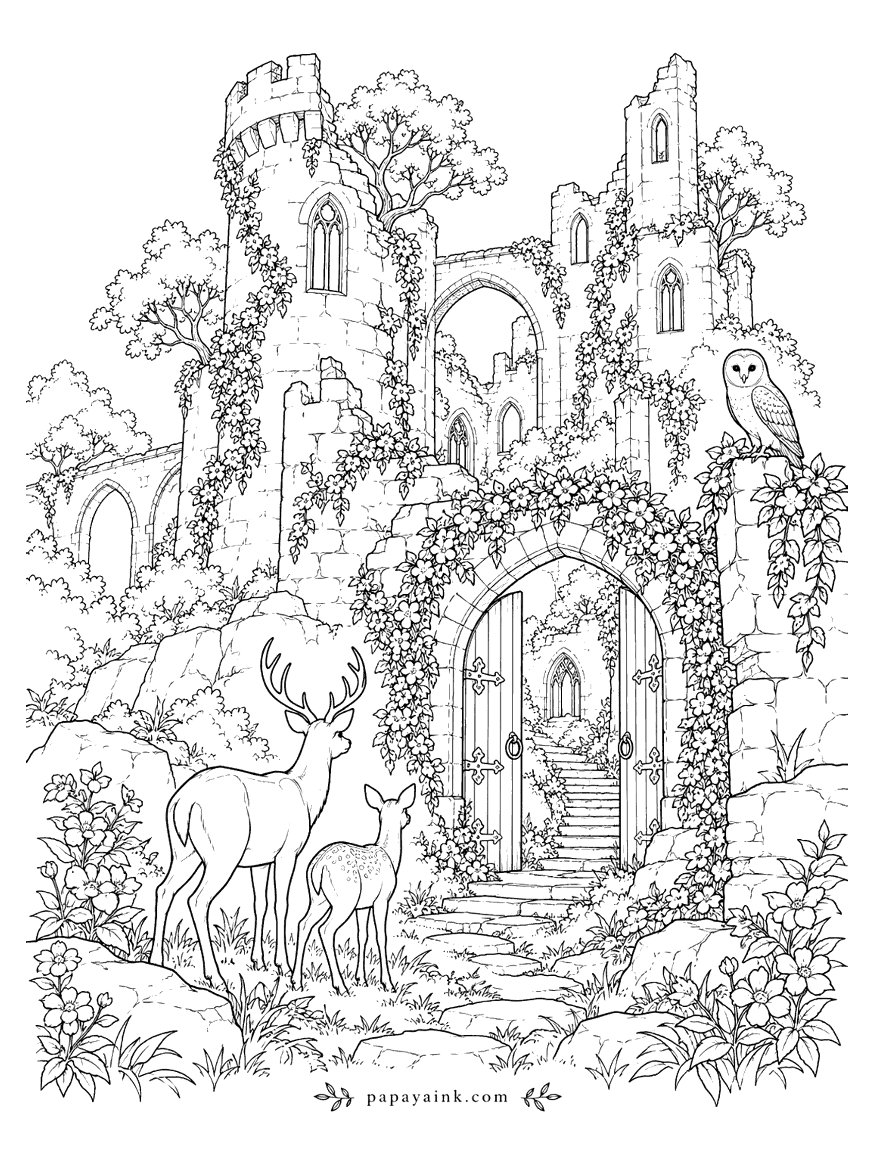 Castle Coloring Pages - Old castle ruins draped in ivy and blossoms, with a stag and fawn at the gate and an owl on the wall. Detailed