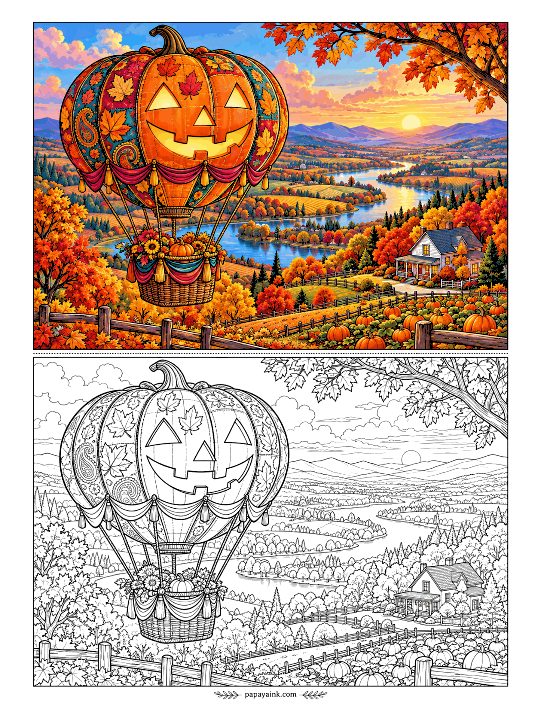 Halloween Coloring Pages for Adults - Nobody asked how the pumpkin got airborne. The jack-o'-lantern balloon floats over an autumn valley of river, farmhouse and pumpkin patch toward the sunset. Work the balloon first, then fade the landscape toward the hills.