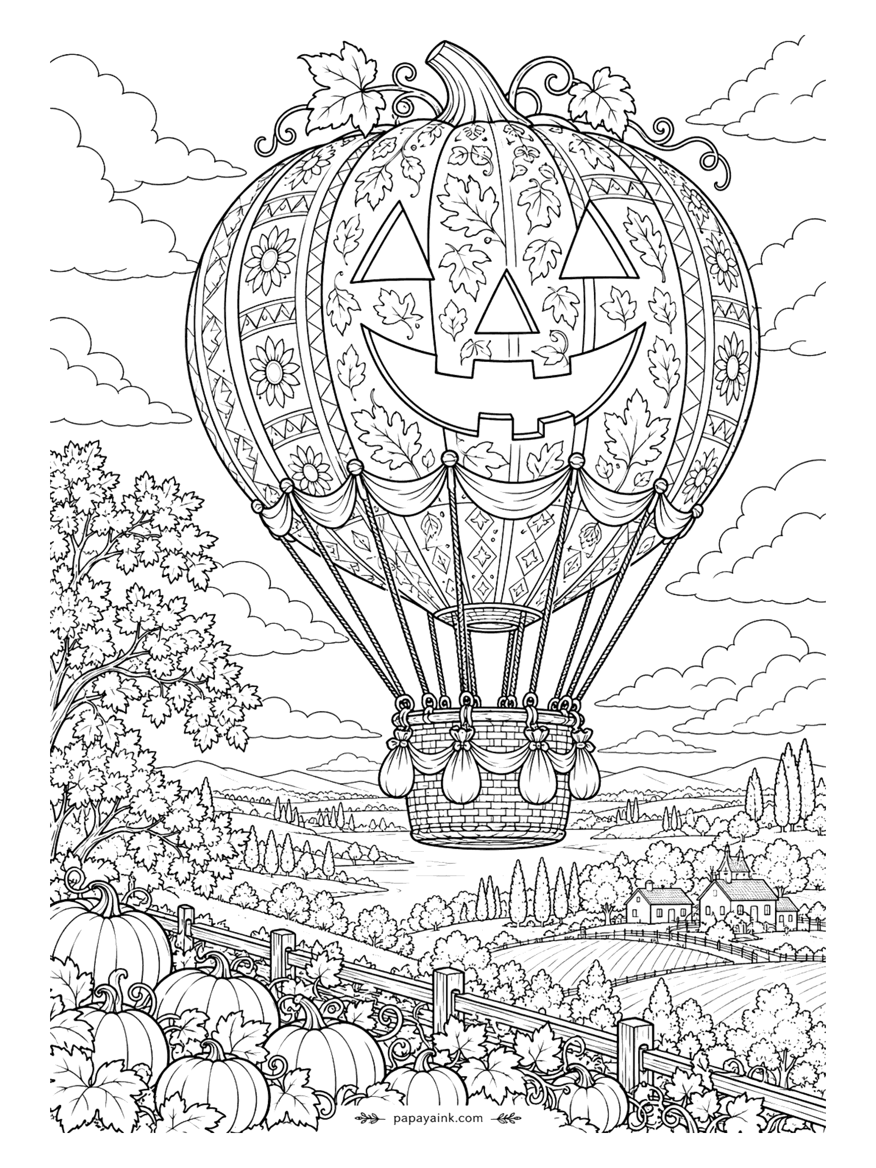 Halloween Coloring Pages for Adults - A patchwork jack-o'-lantern balloon drifts over a fenced pumpkin field, with a river, farmhouses and cypress rows below. The envelope is paneled with leaves, flowers and diamonds, each panel its own pattern. Keep the sky light so the balloon stays the star.