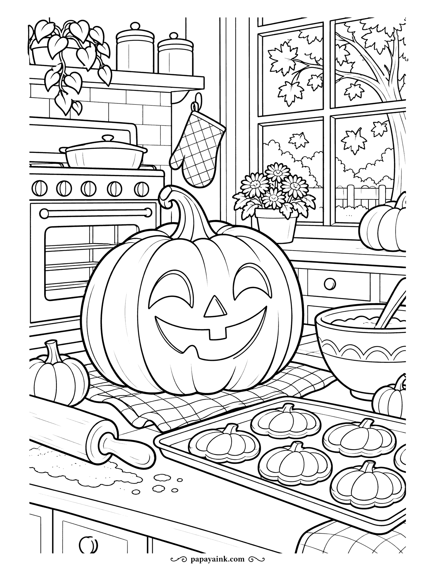 Pumpkin Coloring Pages - Baking day, and the jack-o'-lantern is supervising. A tray of pumpkin-shaped cookies cools on the counter beside a rolling pin and a mixing bowl, while an oven mitt hangs by the stove. Bold cartoon lines.