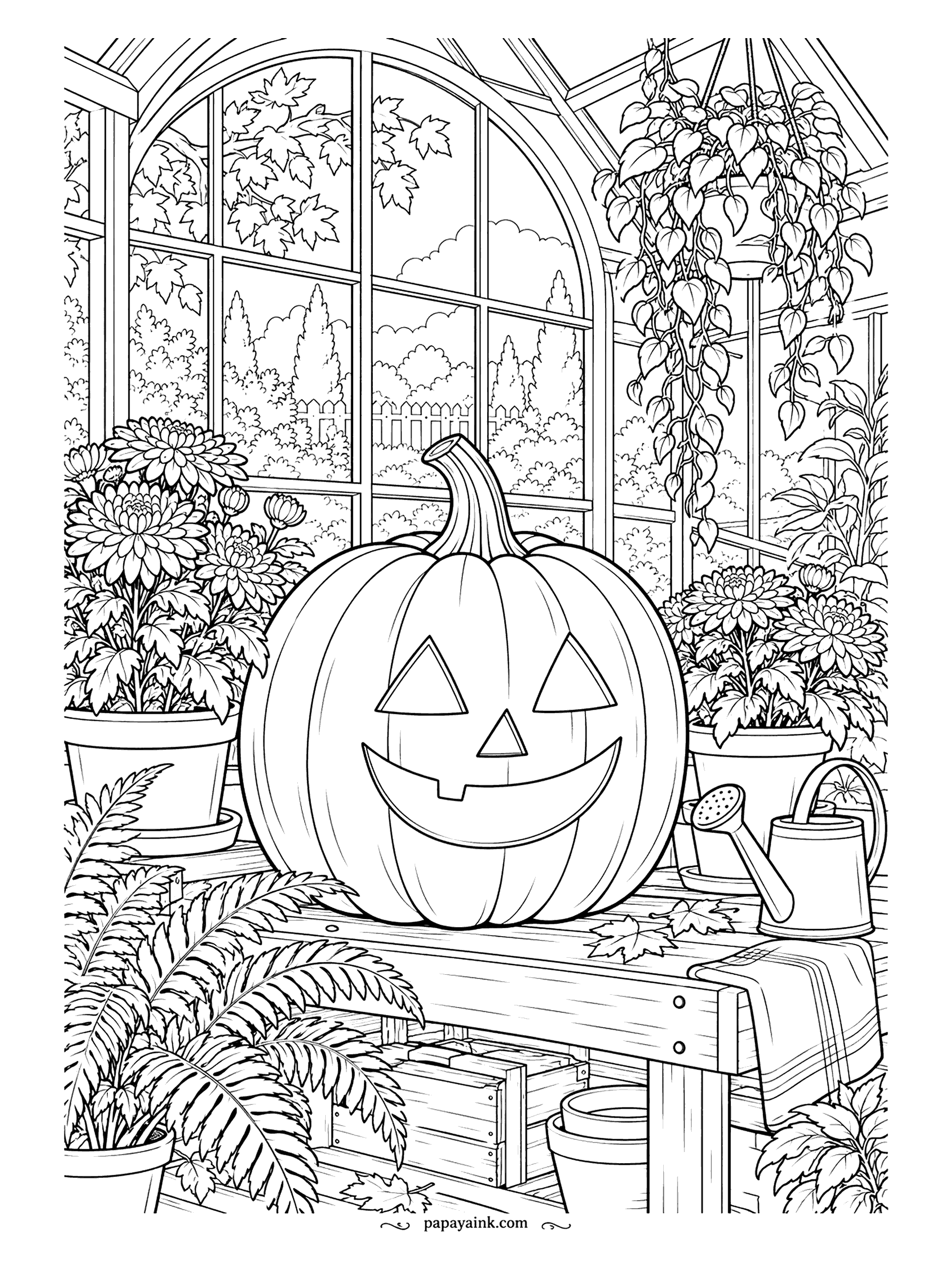 Pumpkin Coloring Pages - Somebody brought the jack-o'-lantern into the greenhouse to keep it company. It sits on the potting bench among pots of mums, a watering can, ferns and trailing vines, with the garden visible through tall arched windows. Detailed.
