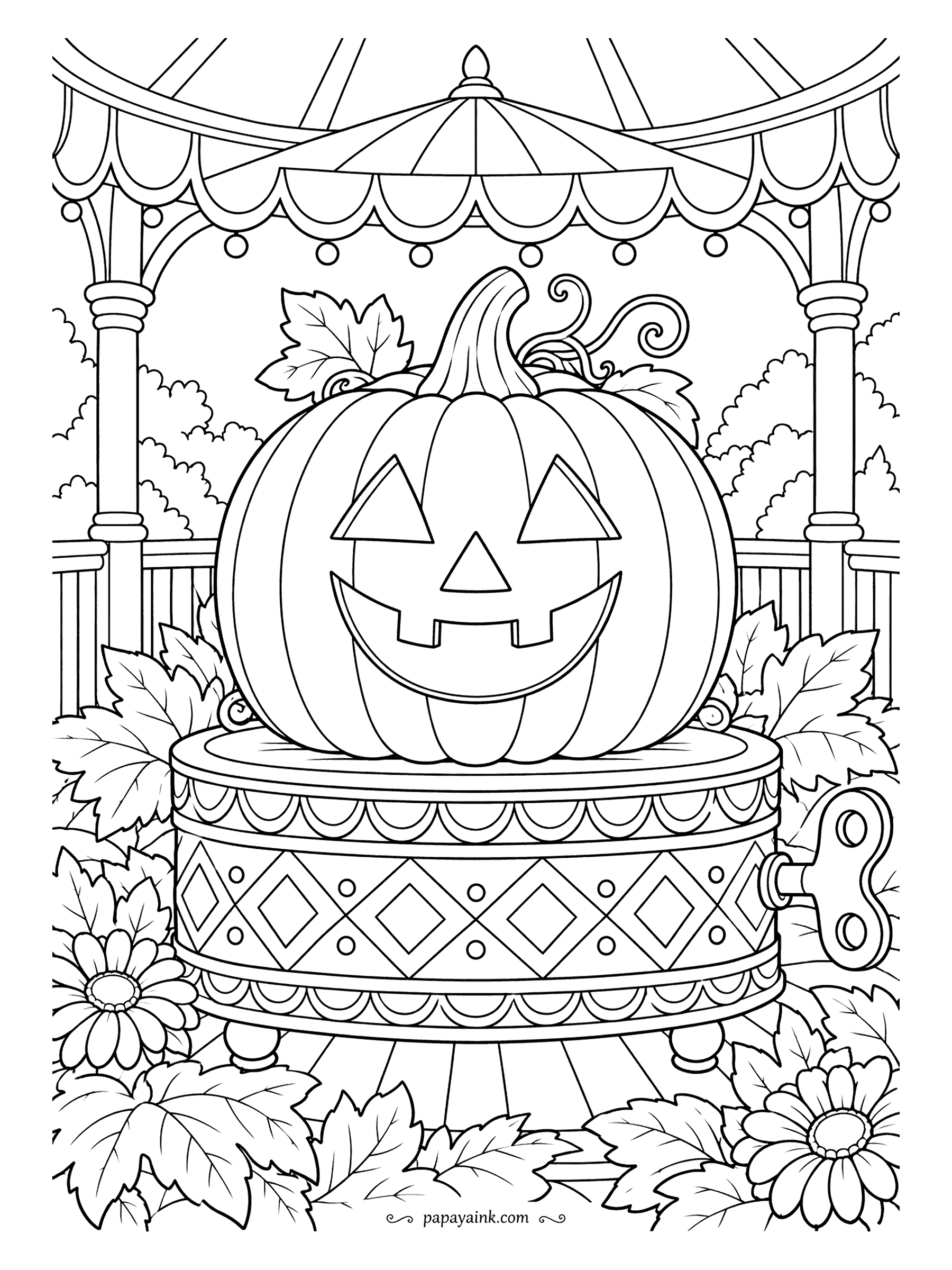 Pumpkin Coloring Pages - Wind the key and the jack-o'-lantern turns slowly on top of its music box, under a striped canopy strung with lights. Diamond patterns circle the base and flowers frame the bottom. Repeating shapes, great for practicing patterns.