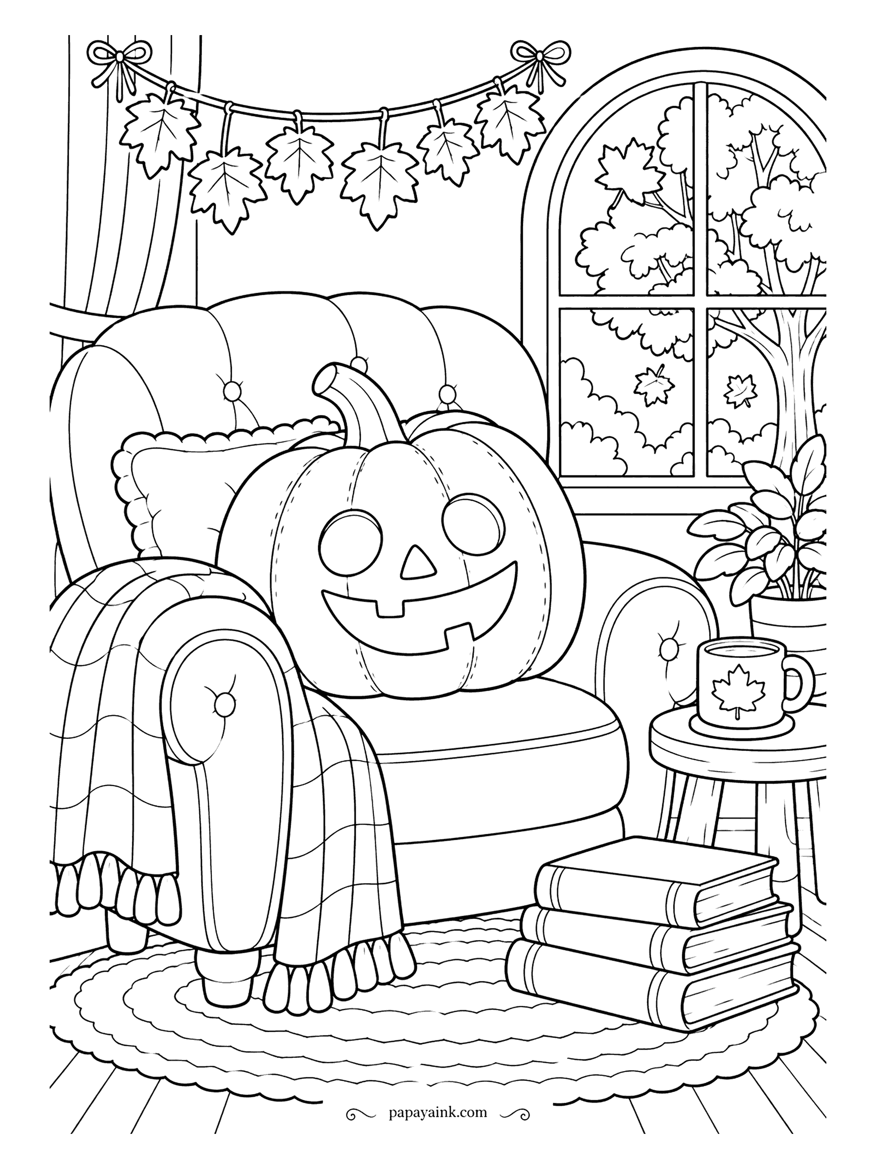 Pumpkin Coloring Pages - Blanket over the armrest, tea poured, books at hand. The jack-o'-lantern lounges in a tufted armchair, a plaid throw beside it, a stack of books on the rug and a leaf garland across the window. Cozy and simple, made for an evening at home.