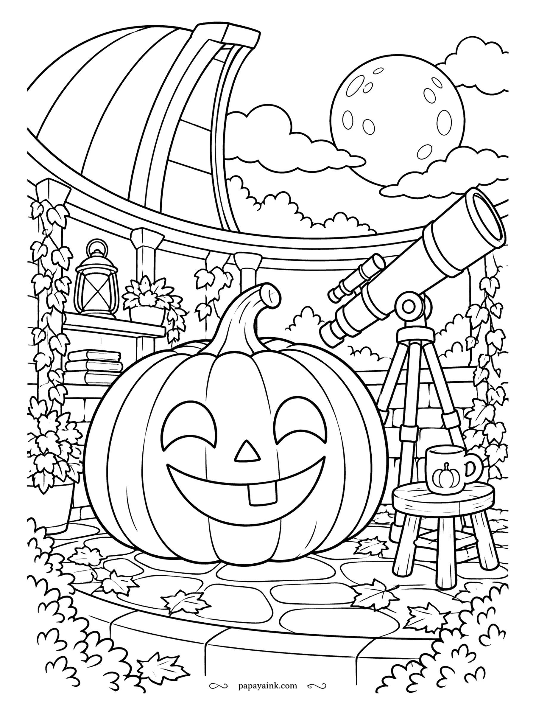 Pumpkin Coloring Pages - Tonight's research topic: the moon, which looks suspiciously like a pumpkin. The jack-o'-lantern sits under the observatory dome beside a telescope, a lantern and a mug on a stool. Friendly doodle lines.