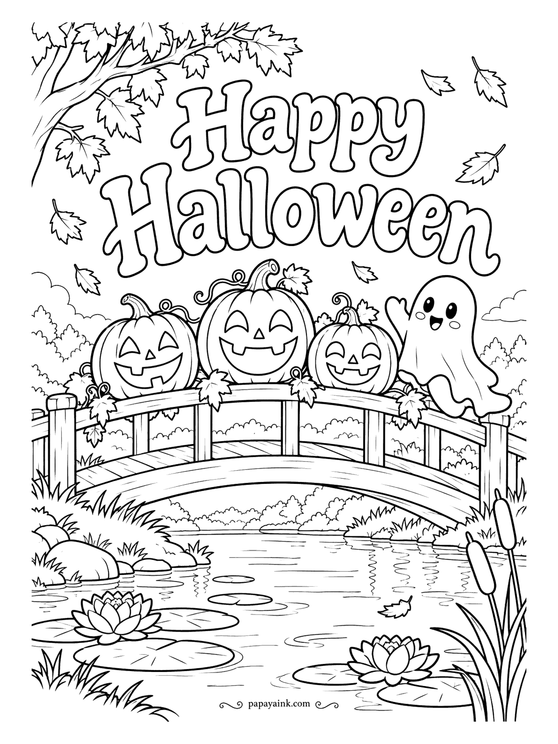 Halloween Coloring Pages - Three jack-o'-lanterns sit on the rail of a wooden footbridge and a ghost drifts over to join them, with lily pads and cattails in the pond below. Try blue-gray water with the reflections left white.