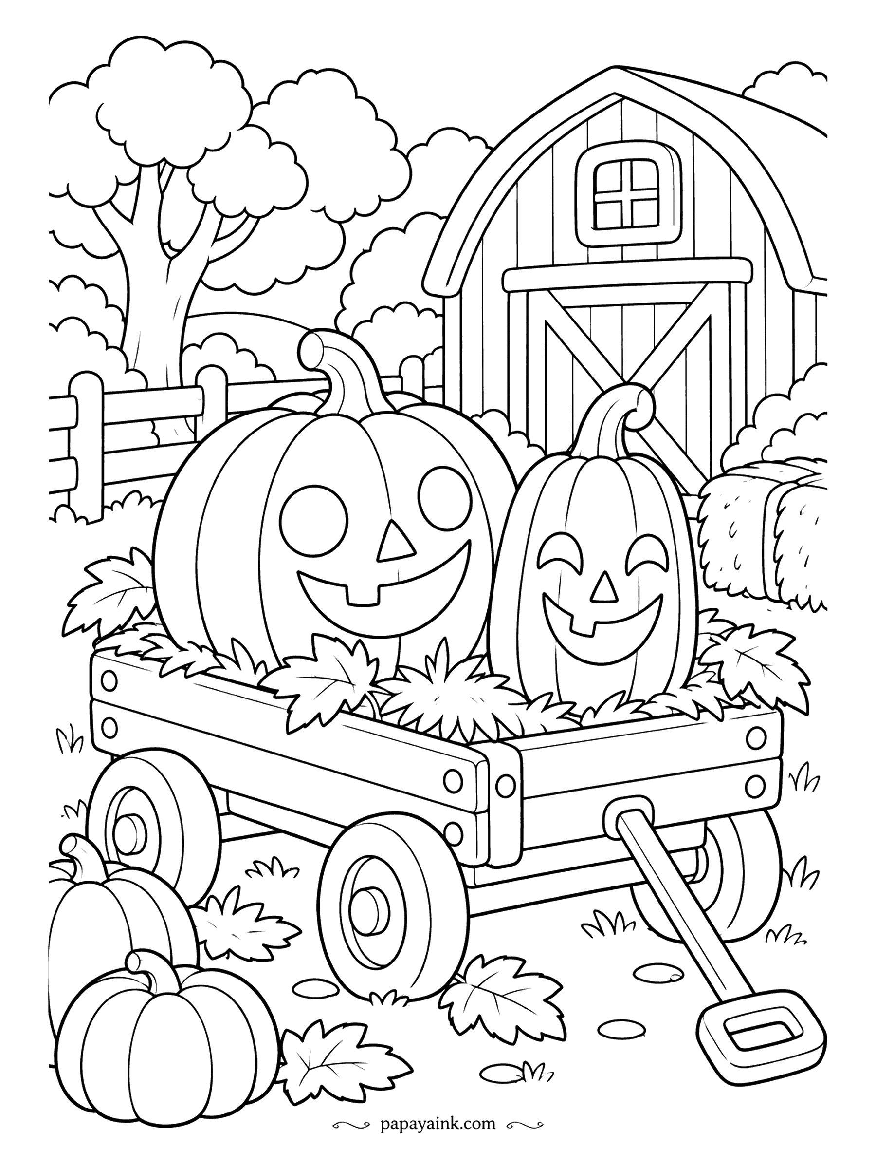 Pumpkin Coloring Pages - The wagon has been claimed by two jack-o'-lanterns, nested in a bed of fallen leaves and in no hurry to get out. The barn, a hay bale and a pair of small pumpkins wait nearby. Soft rounded shapes, like modeling clay.