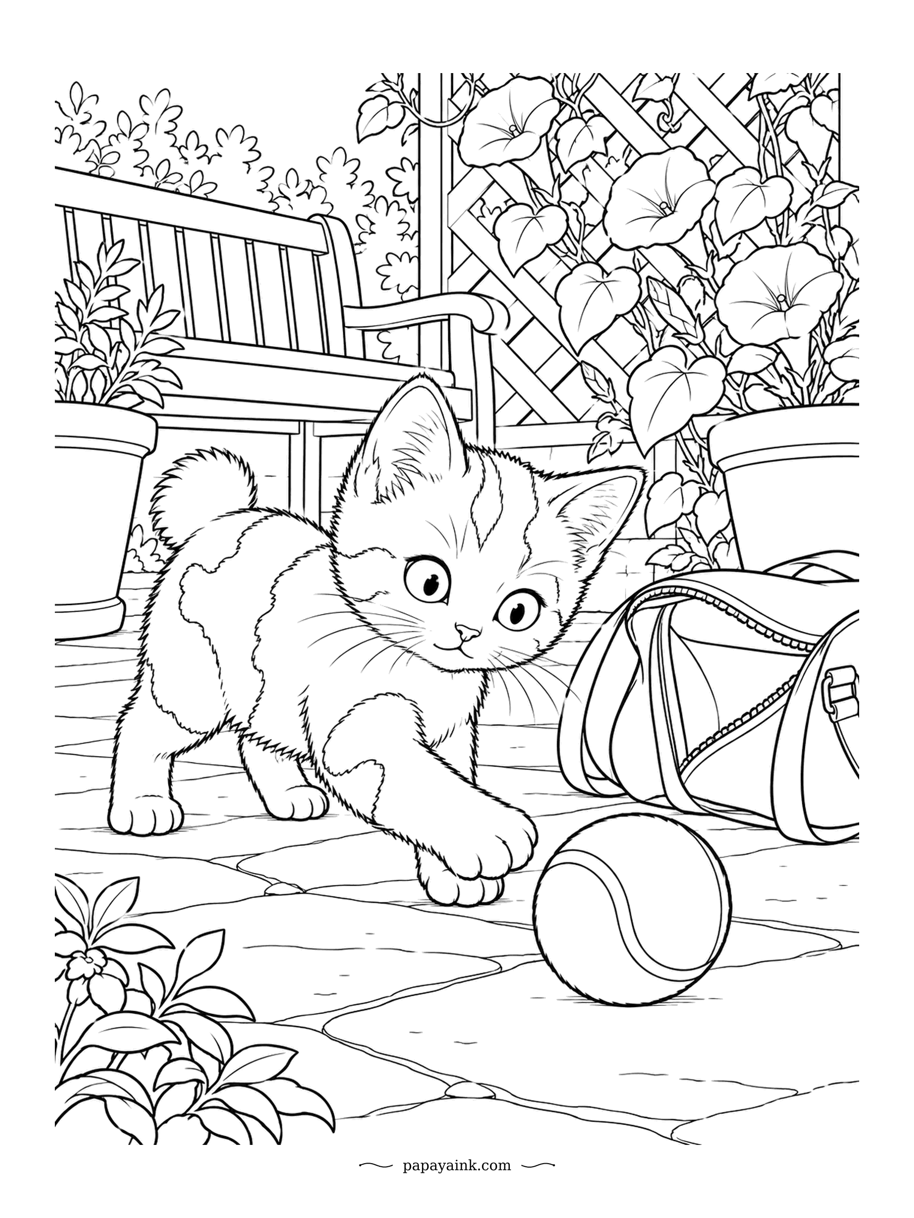 Kitten Coloring Pages - Tennis ball out of the sports bag and the kitten is on it. The short pom tail of a Japanese Bobtail is already there at birth. Morning glories climb the trellis behind, and the flagstones give you big calm areas between the detail.