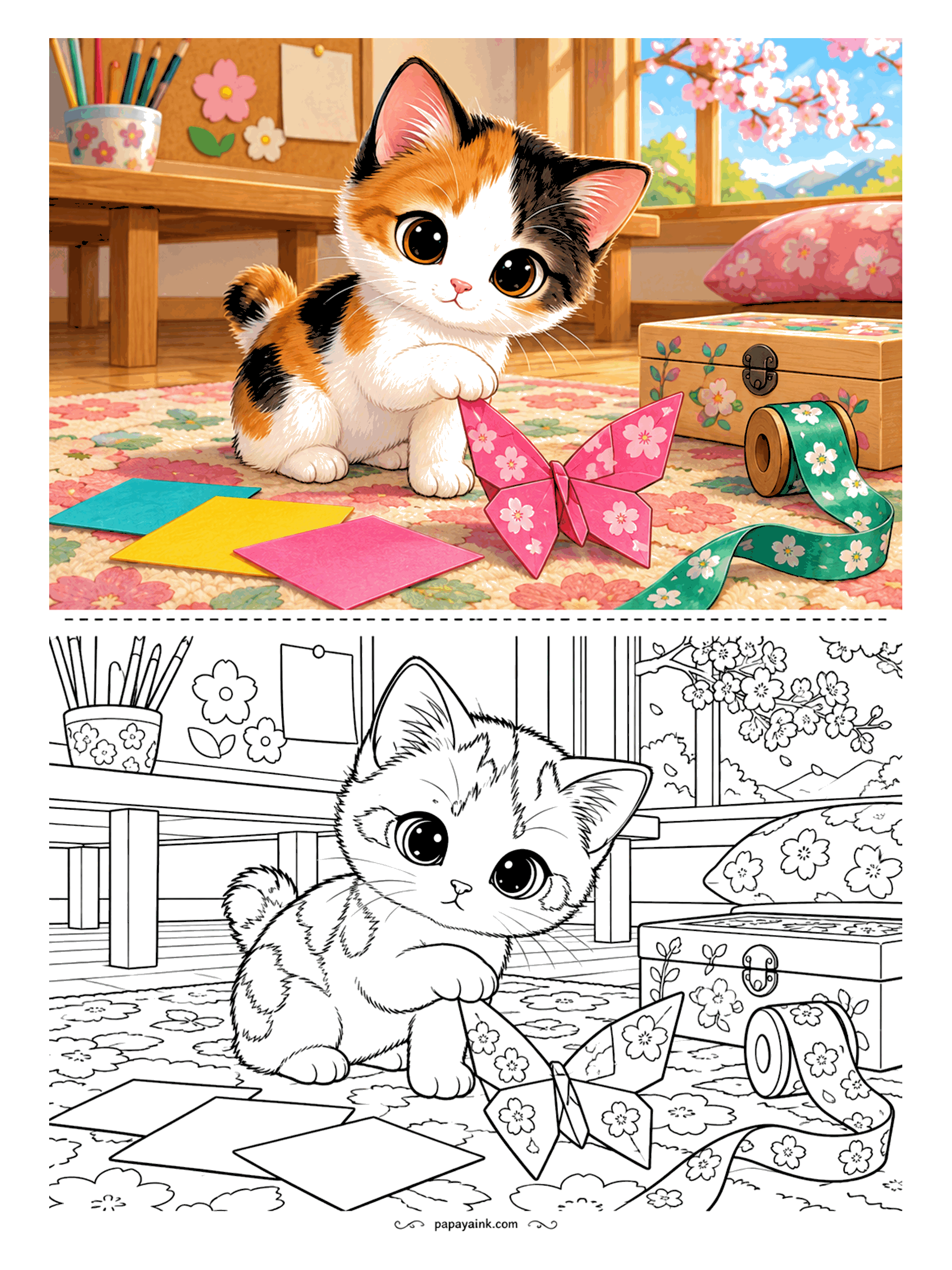 Kitten Coloring Pages - Origami lesson, interrupted. The calico Japanese Bobtail kitten has one paw on the paper butterfly and no plan to let go. Cherry blossoms in the window, a ribbon spool, colored squares on the floral mat. Three fur colors in patches; the butterfly in one bright pink.