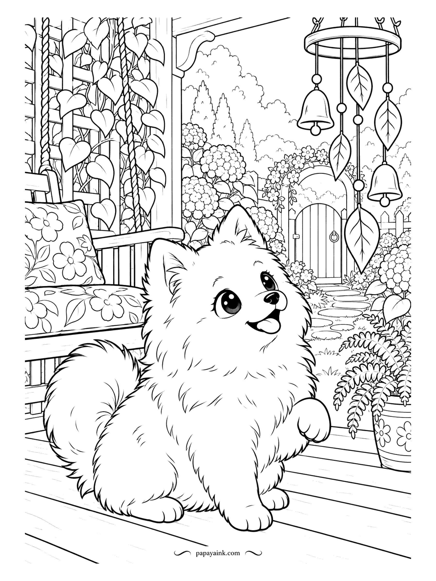 Puppy Coloring Pages - Wind chimes ring on the porch and the Japanese Spitz puppy looks up to find the sound. A bench with a flowered cushion, ivy on the posts, a garden gate beyond. The puppy stays white - let the garden carry the color.