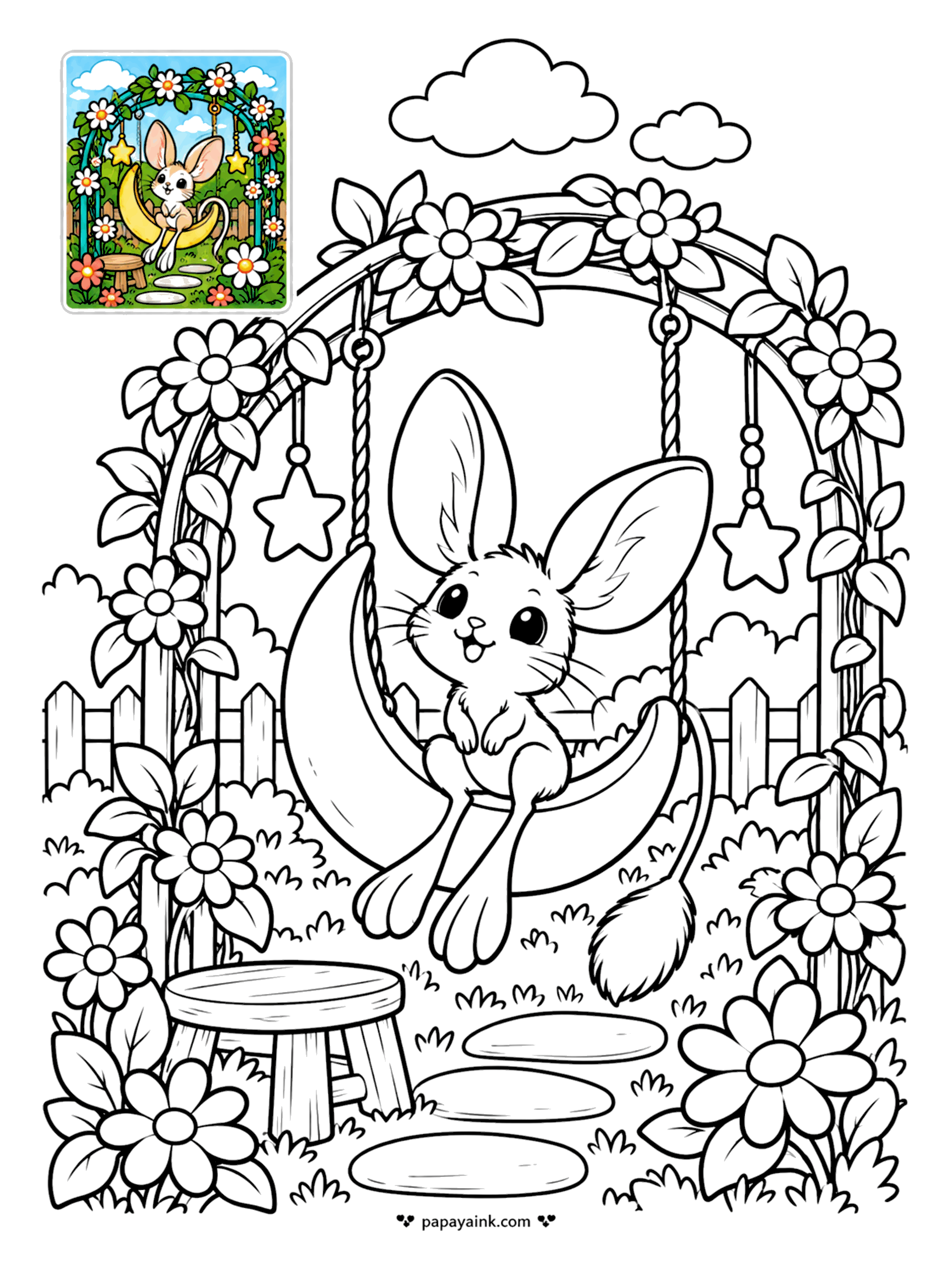 Color Guide Coloring Pages - A moon-shaped swing under a flowering arch, paper stars hanging from the top, and a jerboa on board, the long back legs that carry it across the desert dangling. Sandy fur, a pale gold moon and a lot of flowers to fill.