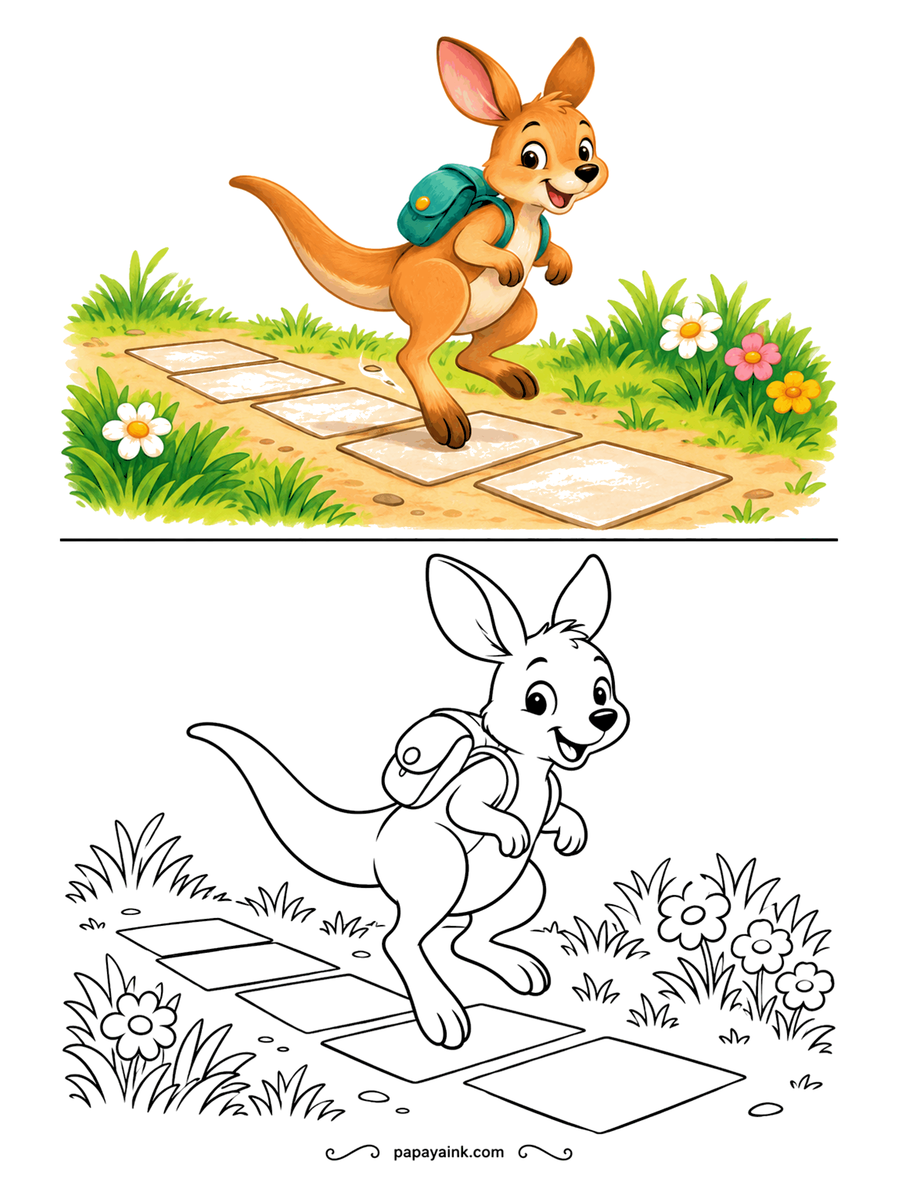 Copy Coloring Pages - Hopscotch is easy when your legs were built for jumping. The kangaroo bounds along the chalk squares with a backpack on, flowers lining the path. Kangaroos can't walk backward, so there's no going back to square one.