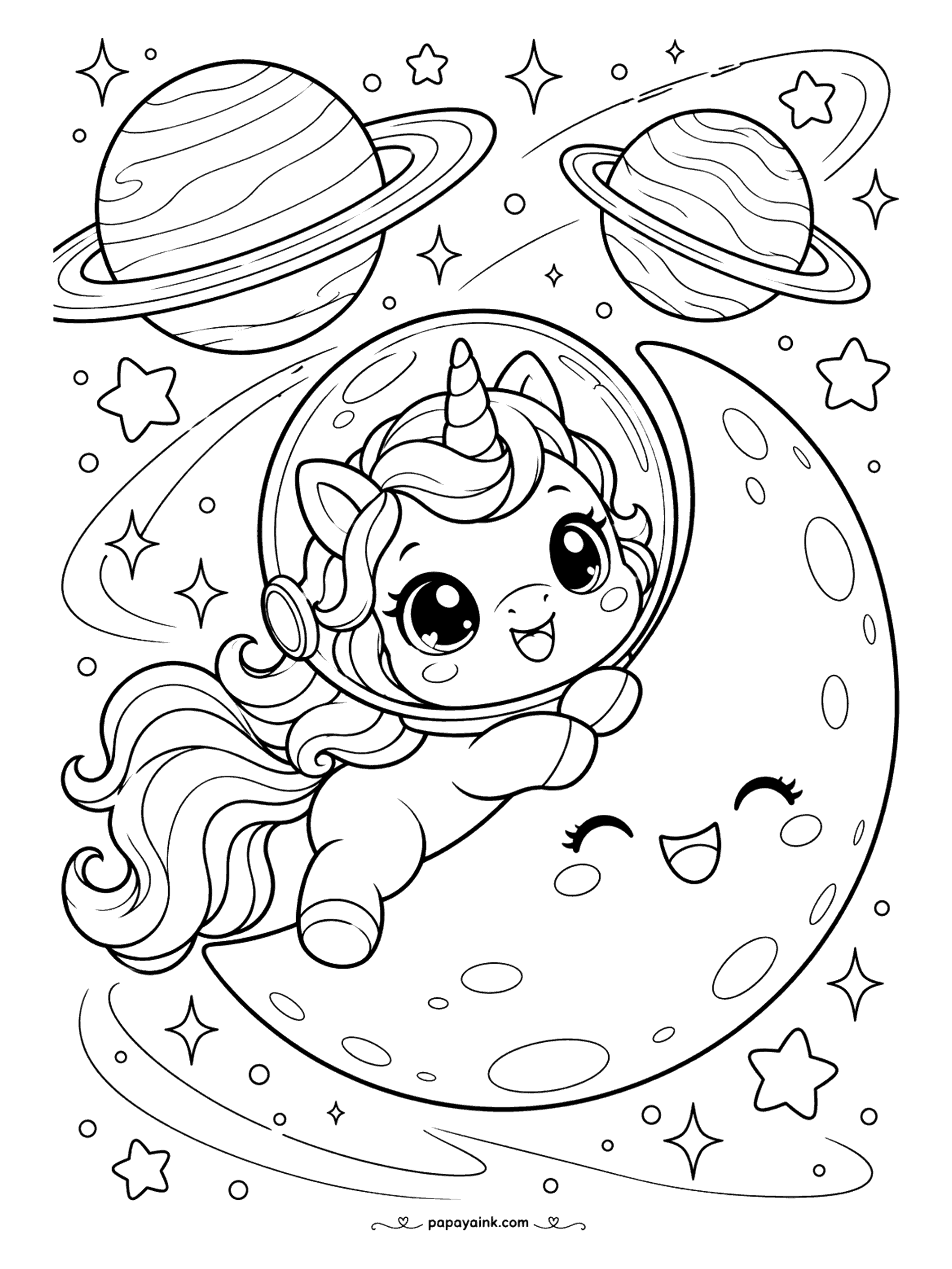 Kawaii Unicorn Coloring Pages - Astronaut unicorn in a bubble helmet riding a smiling moon past ringed planets and twinkling stars - try a deep blue sky to make it glow.
