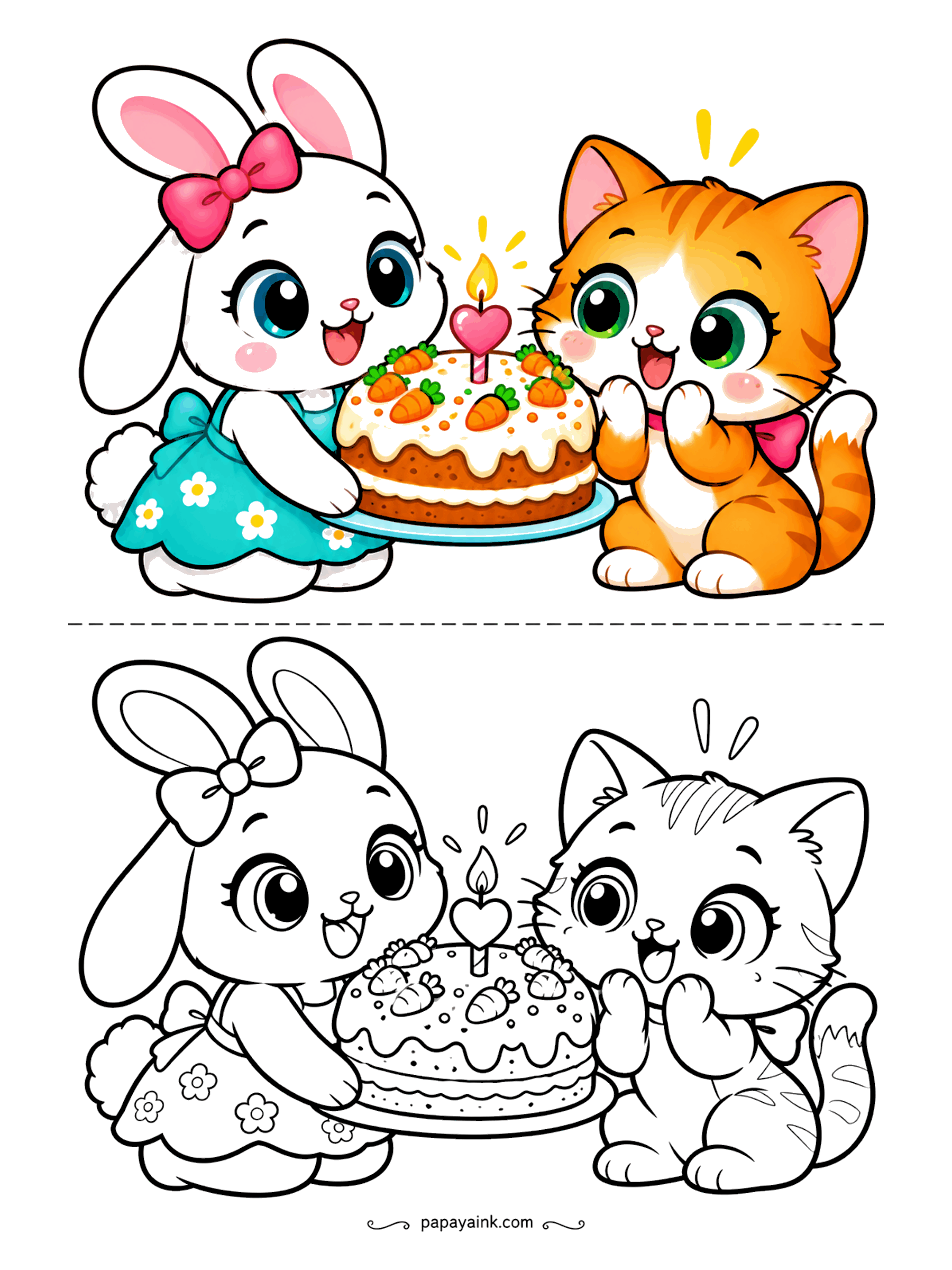 Cute Kawaii Coloring Pages - Birthday wishes glow on a tiny candle as a bunny in a floral dress presents a carrot cake to a delighted ginger kitten.