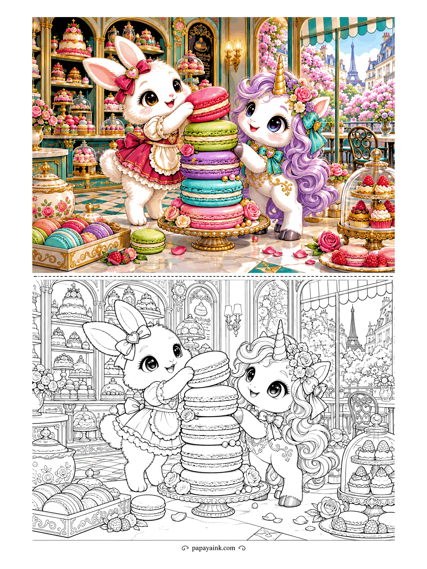 Cute Kawaii Coloring Pages - Macarons tower higher and higher as a bunny in a frilly apron and a lilac-maned unicorn build a sweet stack in a Parisian patisserie. Detailed.