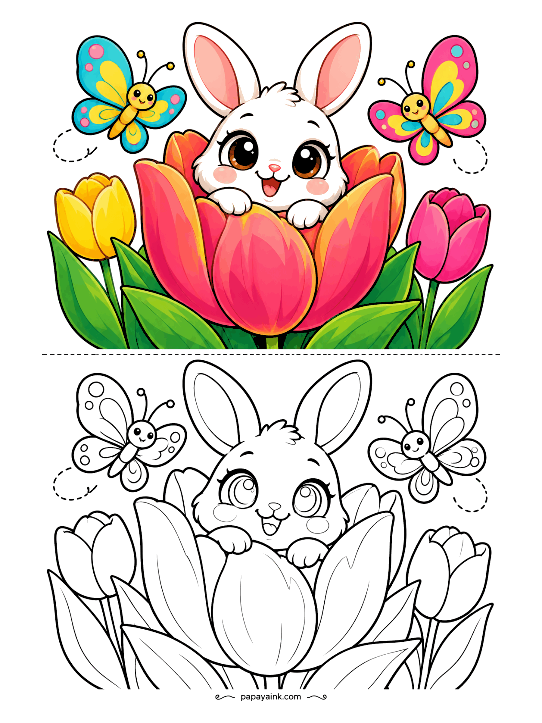 Cute Kawaii Coloring Pages - Tucked into an open tulip, a wide-eyed bunny peeks over the petals while two butterflies loop and flutter around neighboring blooms.