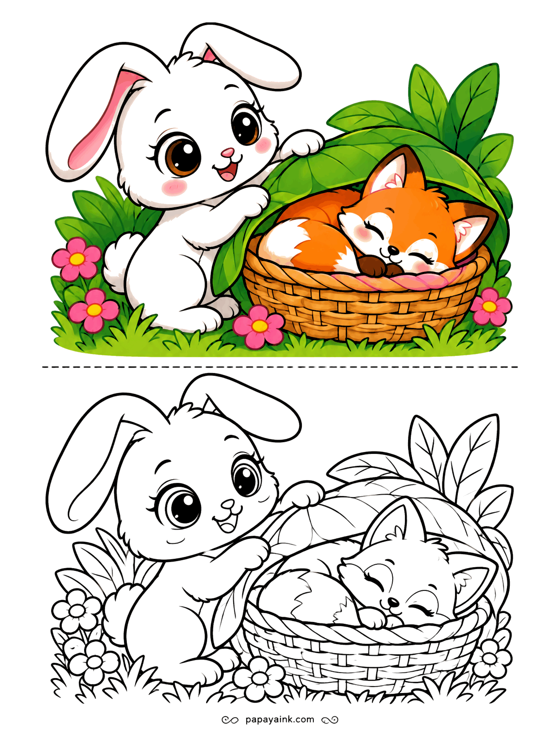 Cute Kawaii Coloring Pages - Gently lifting a leaf blanket, a floppy-eared bunny checks on a fox pup curled up asleep in a cozy wicker bed.