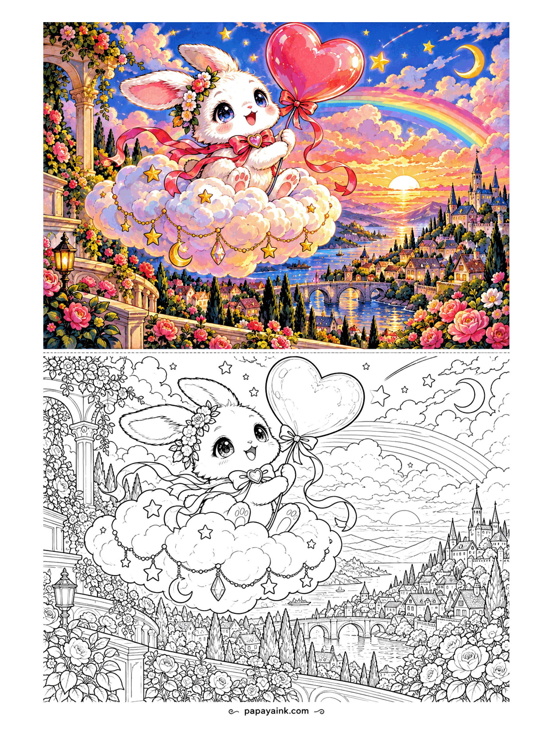 Cute Kawaii Coloring Pages - Sunset light warms a puffy cushion of cloud where a bunny clutches a heart balloon high above a castle town, an arched bridge and a faint arc of color. Detailed.