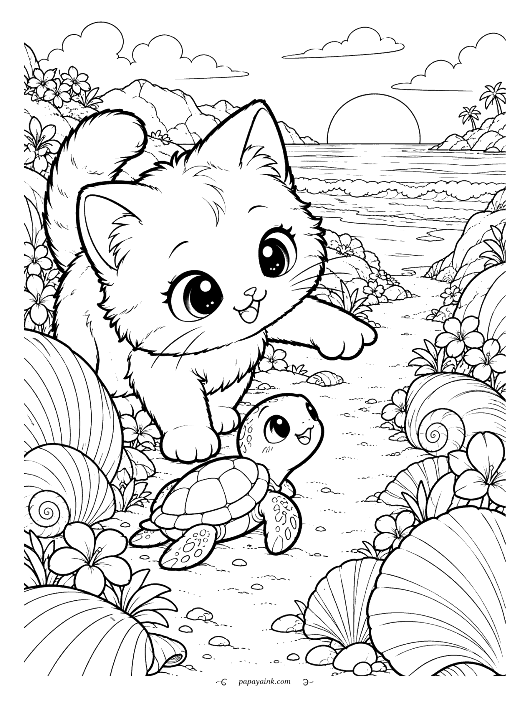 Kawaii Cat Coloring Pages - Gentle kitten pointing the way to the waves for a baby sea turtle on a sandy path lined with giant seashells and hibiscus, as the sun sets over the ocean.