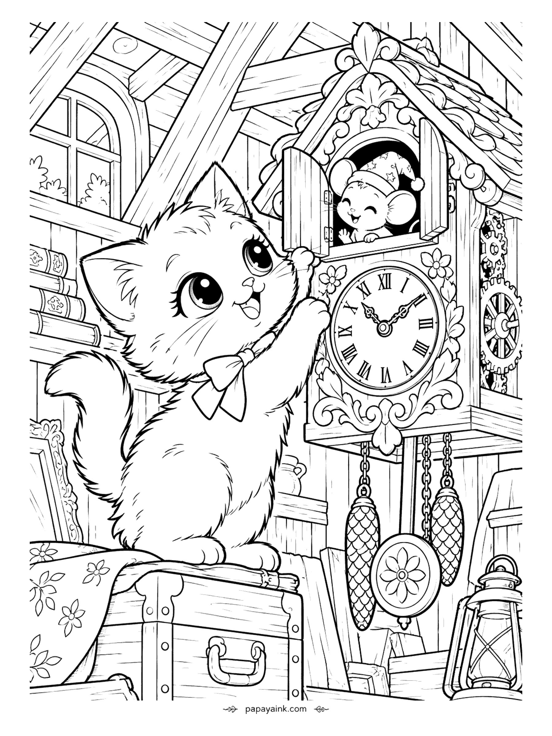 Kawaii Cat Coloring Pages - Curious kitten with a bow standing on an old trunk to tap the carved cuckoo clock, where a sleepy mouse in a starry nightcap pops out of the little door instead of the bird. Detailed.