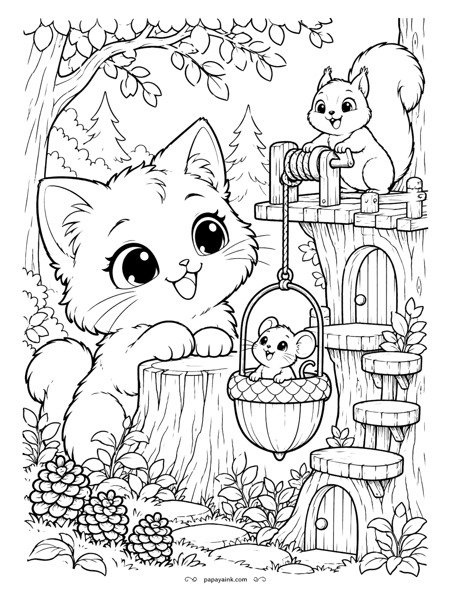 Kawaii Cat Coloring Pages - Delighted kitten watching a mouse ride up in an acorn-cap basket as a squirrel turns the rope winch on a tree-stump platform with round doors and stepping-stone stairs. Detailed.