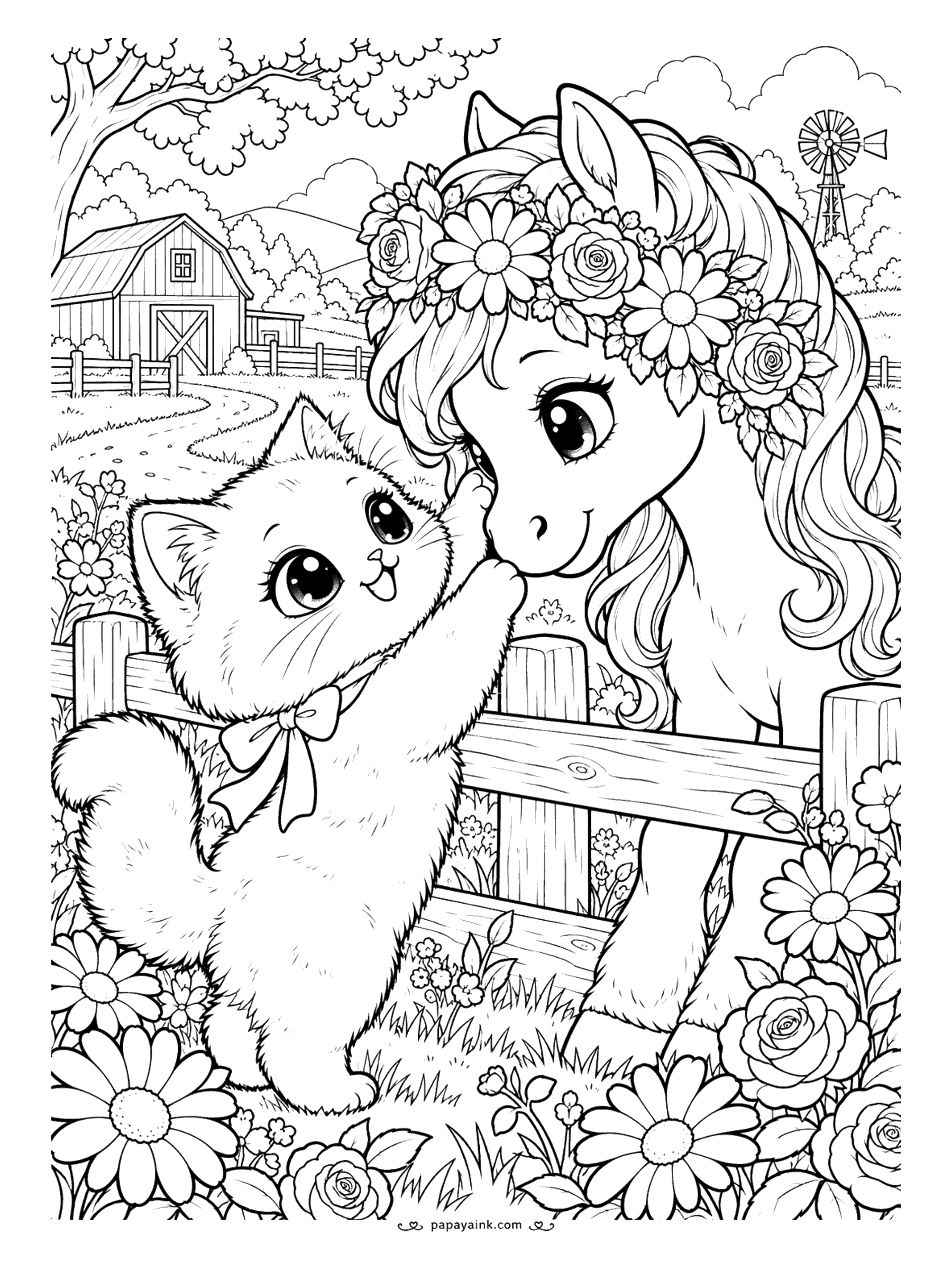 Kawaii Cat Coloring Pages - Sweet kitten reaching over a wooden fence to nuzzle a pony wearing a crown of daisies and roses, a red barn and a windmill in the countryside behind them. Detailed.