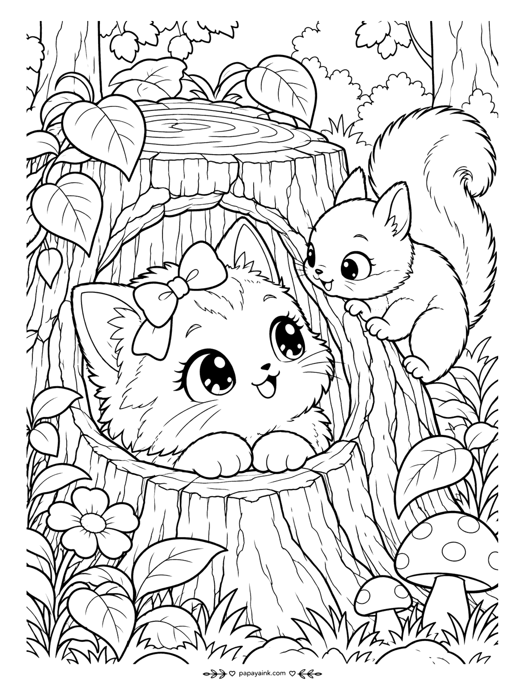 Kawaii Cat Coloring Pages - Kitten with a bow peeking out of a hollow tree stump as a friendly squirrel leans in to say hello, with spotted mushrooms and leafy woodland all around. Detailed.