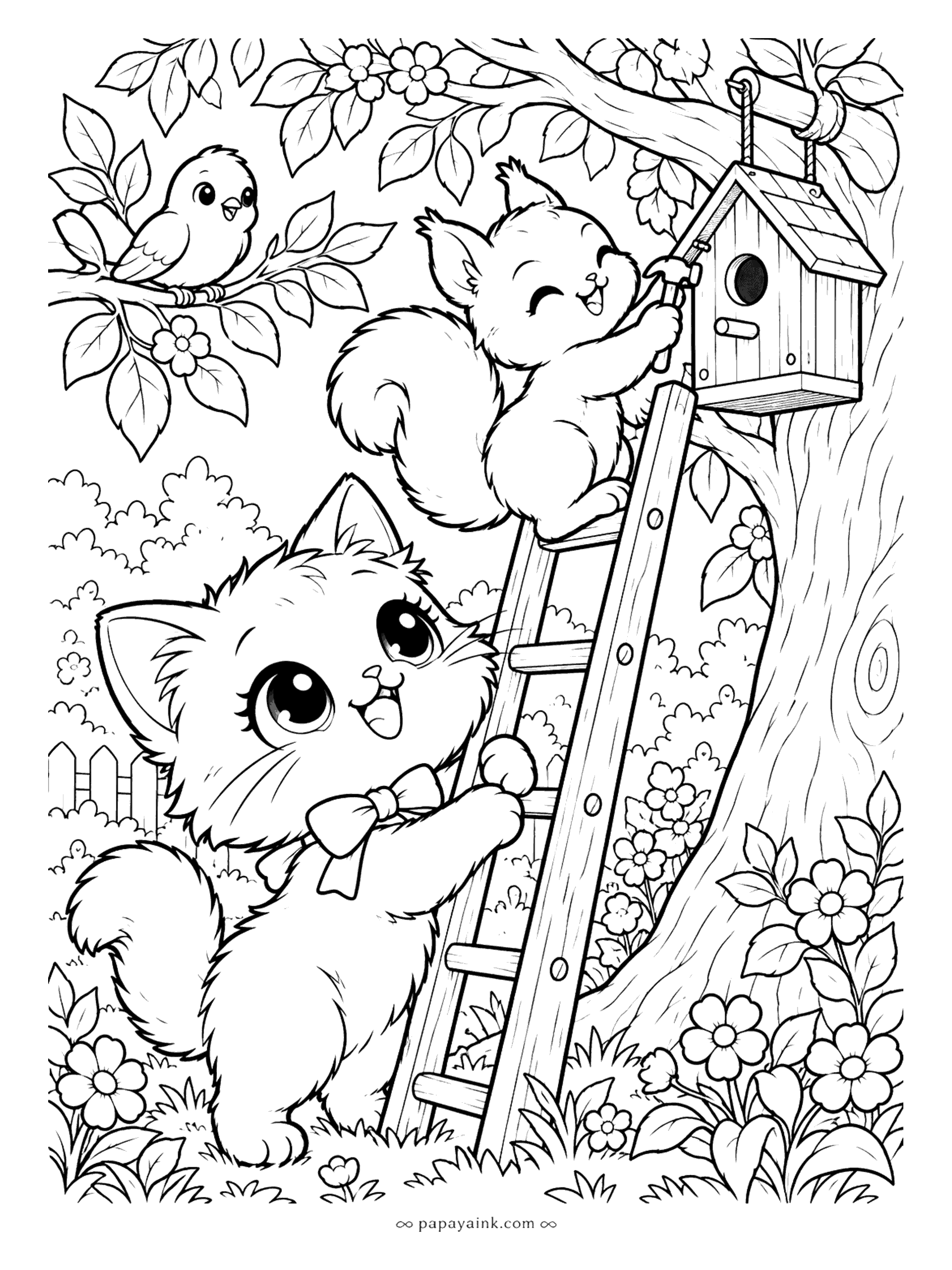 Kawaii Cat Coloring Pages - Helpful kitten holding the ladder steady as a squirrel hammers a wooden birdhouse into place on a flowering tree, a little bird watching from a branch above.