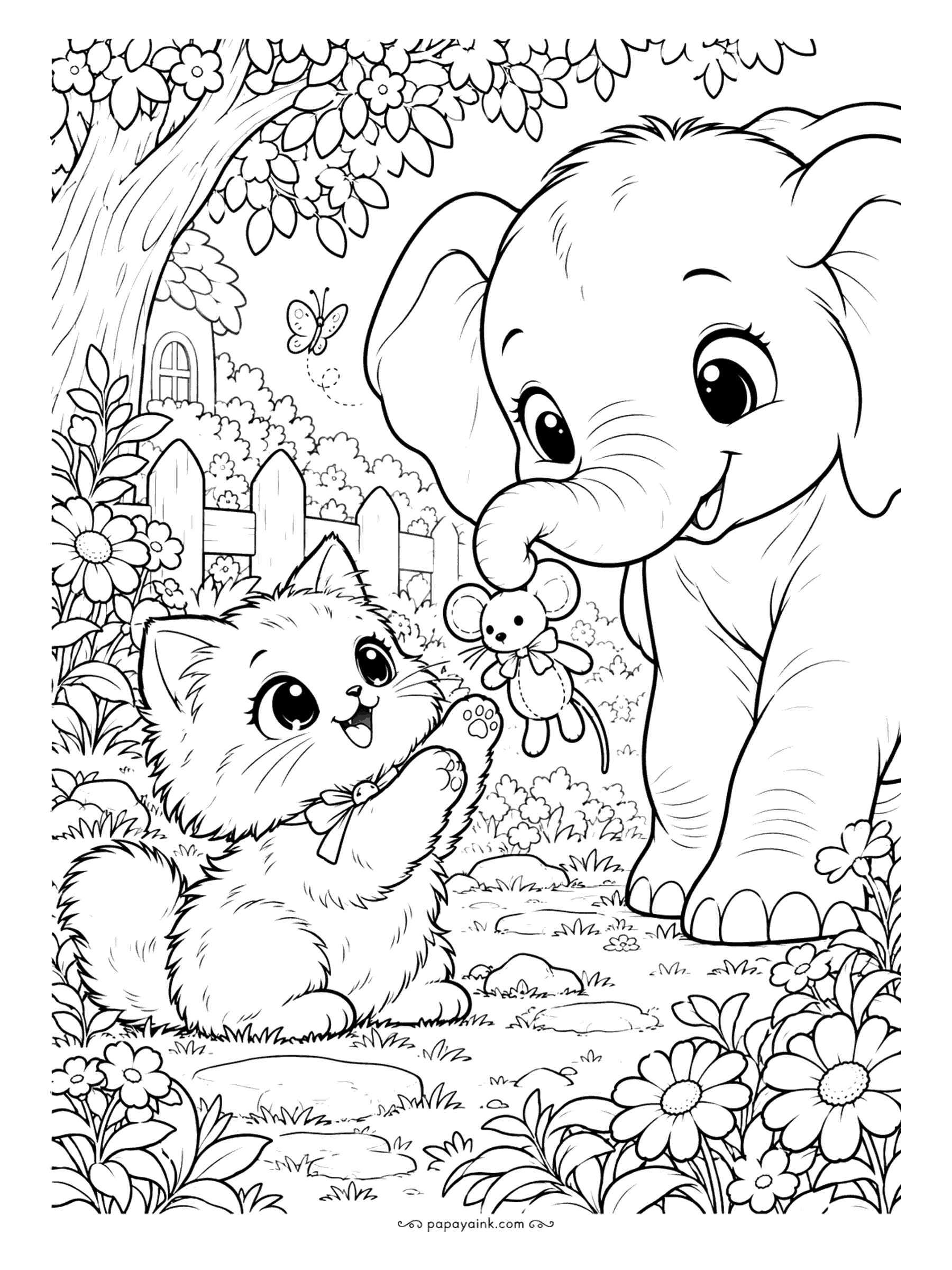 Kawaii Cat Coloring Pages - Excited kitten reaching up as a baby elephant dangles a plush toy mouse from its trunk in a flower garden with a picket fence and a butterfly.