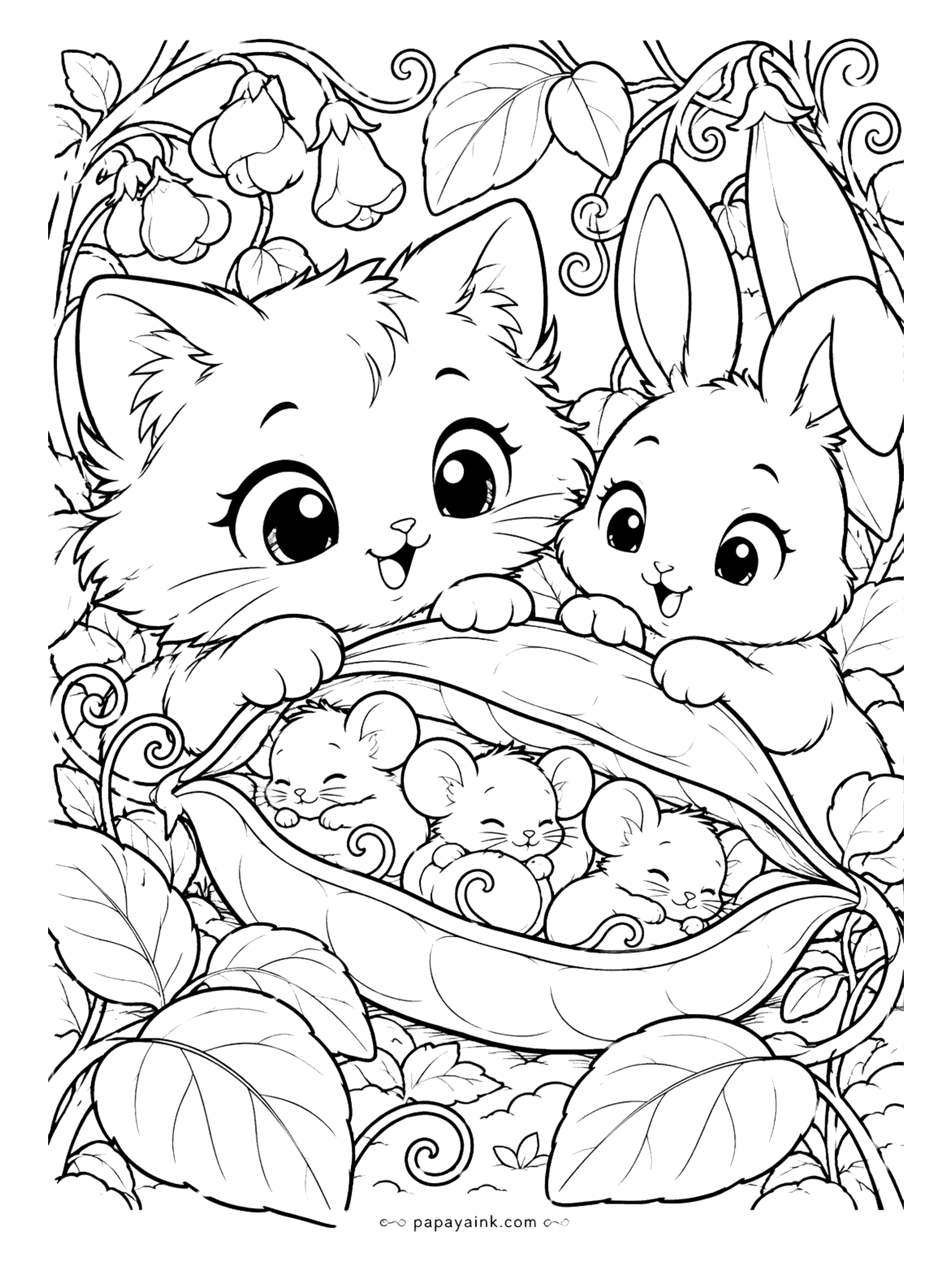 Kawaii Cat Coloring Pages - Kitten and bunny peeking into an open pea pod where three baby mice lie curled up asleep, framed by curling vines, leaves and bell-shaped blossoms.
