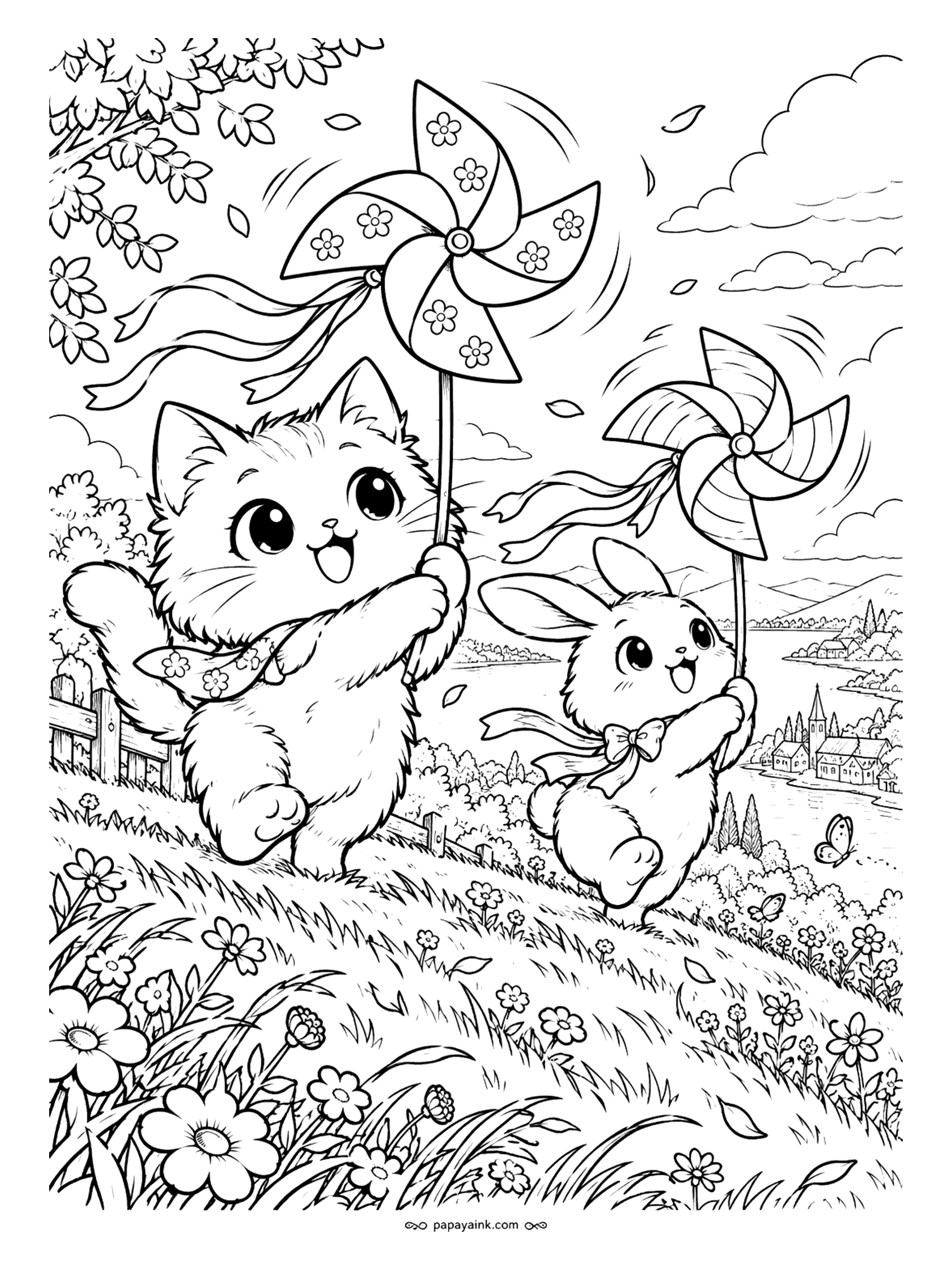 Kawaii Cat Coloring Pages - Joyful kitten and bunny racing down a flowery hillside with ribbon-tailed pinwheels spinning in the breeze, a lakeside village far below.