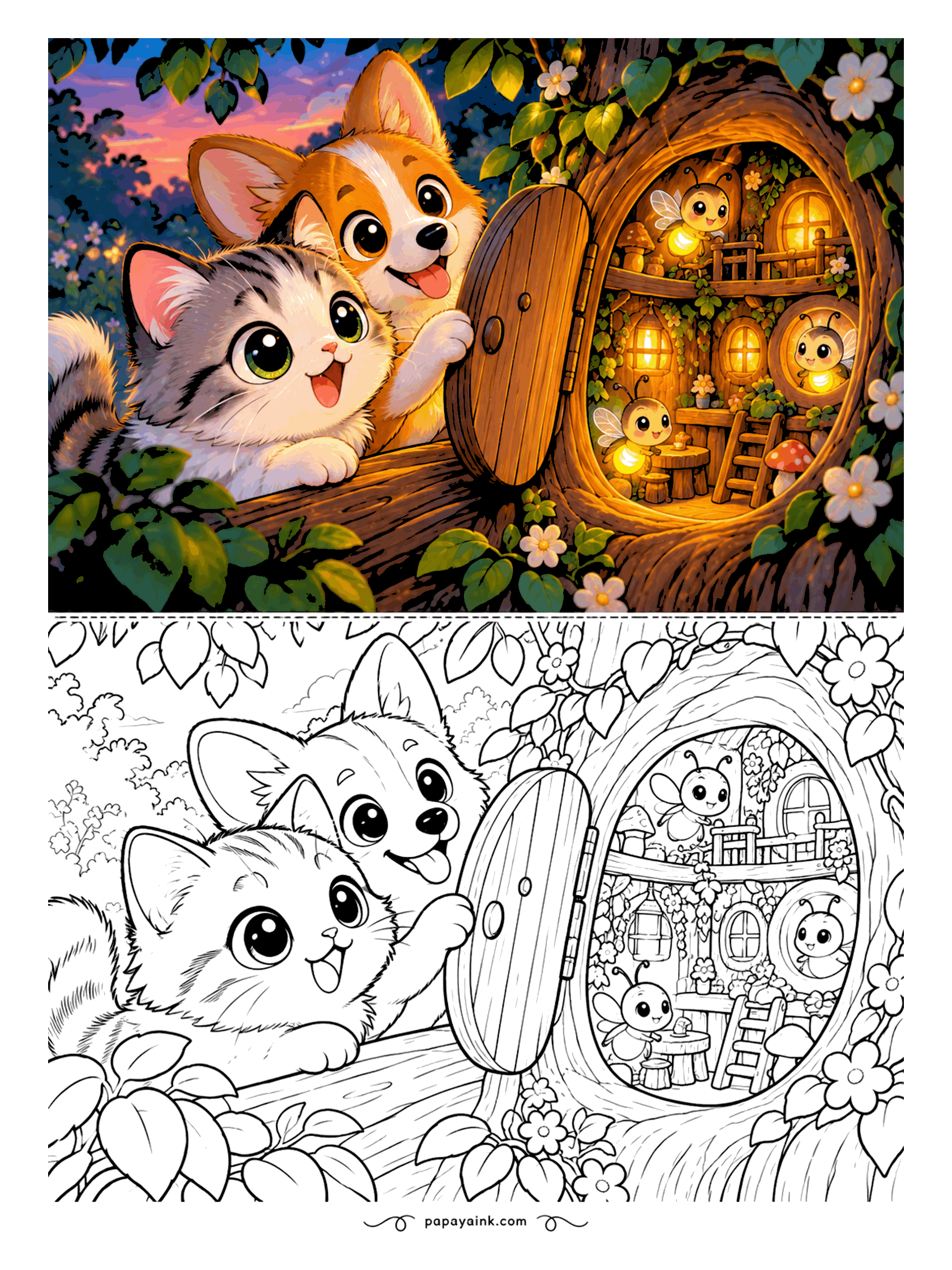 Kawaii Cat Coloring Pages - Tabby kitten and corgi opening a tiny door in a tree trunk to find a glowing firefly home with ladders, lanterns and round windows inside. Detailed.