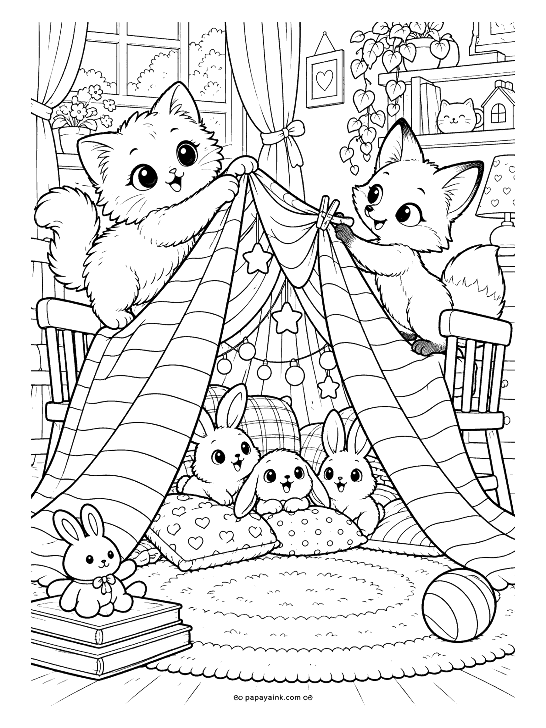 Kawaii Cat Coloring Pages - Kitten and fox pegging a striped blanket over two chairs to make a cozy fort, with a trio of bunnies snuggled on heart and polka-dot pillows under a string of star lights.