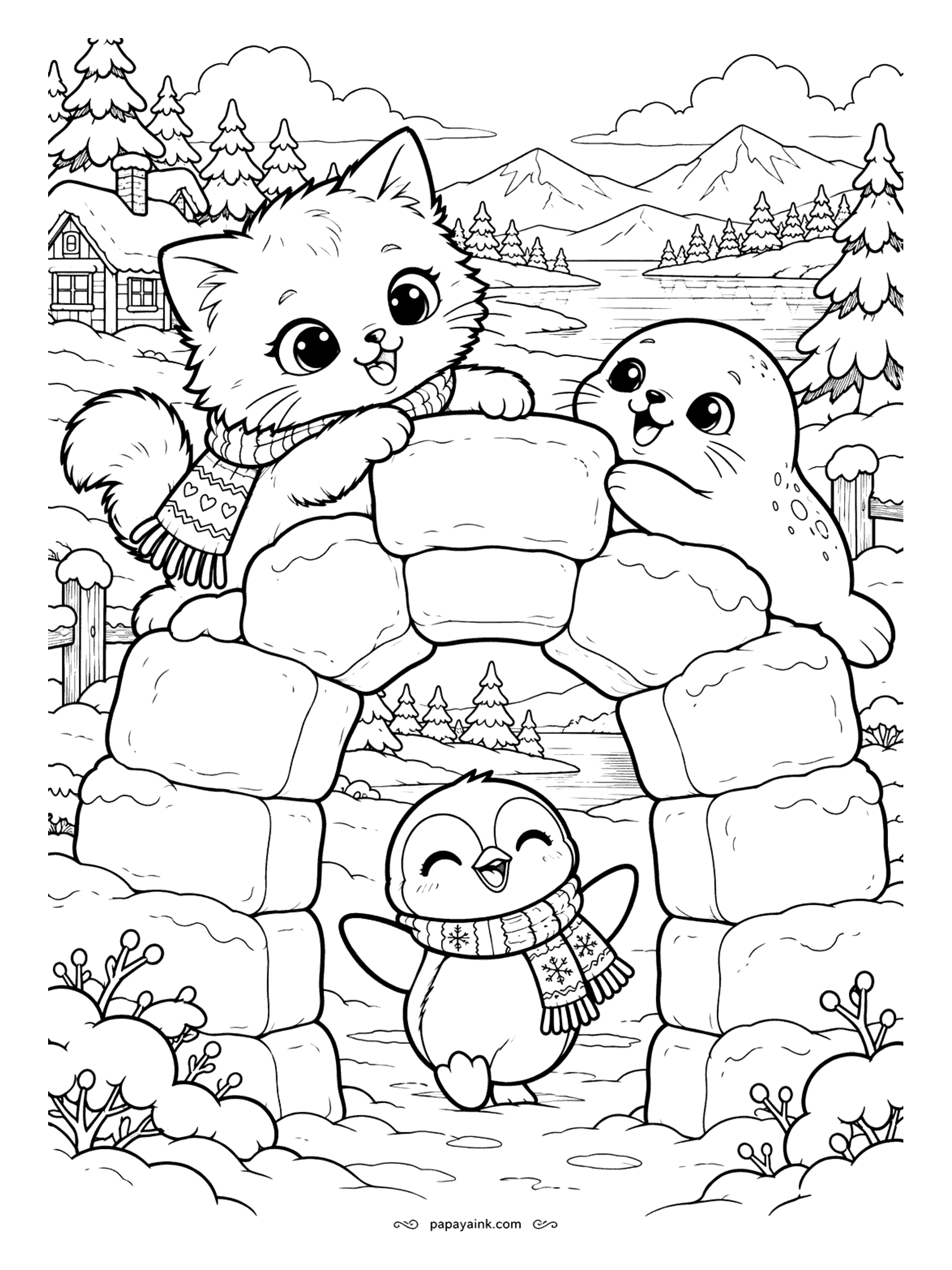 Kawaii Cat Coloring Pages - Kitten in a knit scarf and a baby seal setting the last snow block on top of an arch as a penguin waddles through below, snowy pines and a frozen lake beyond.