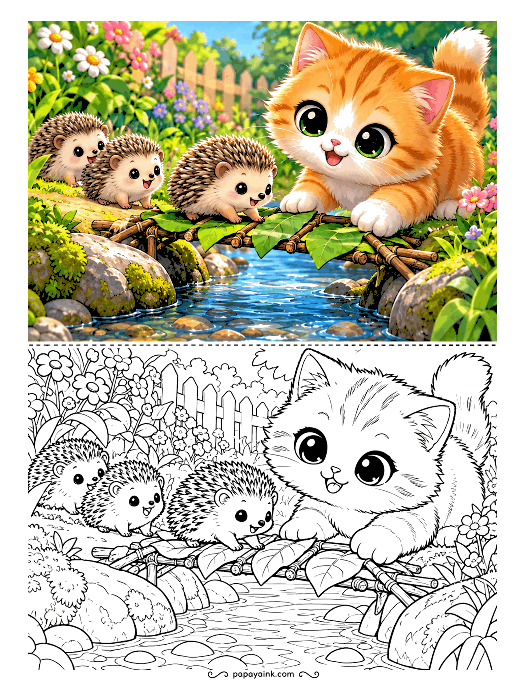 Kawaii Cat Coloring Pages - Ginger kitten steadying a little bridge of twigs and leaves over a garden stream as a family of hedgehogs trundles across. Detailed.