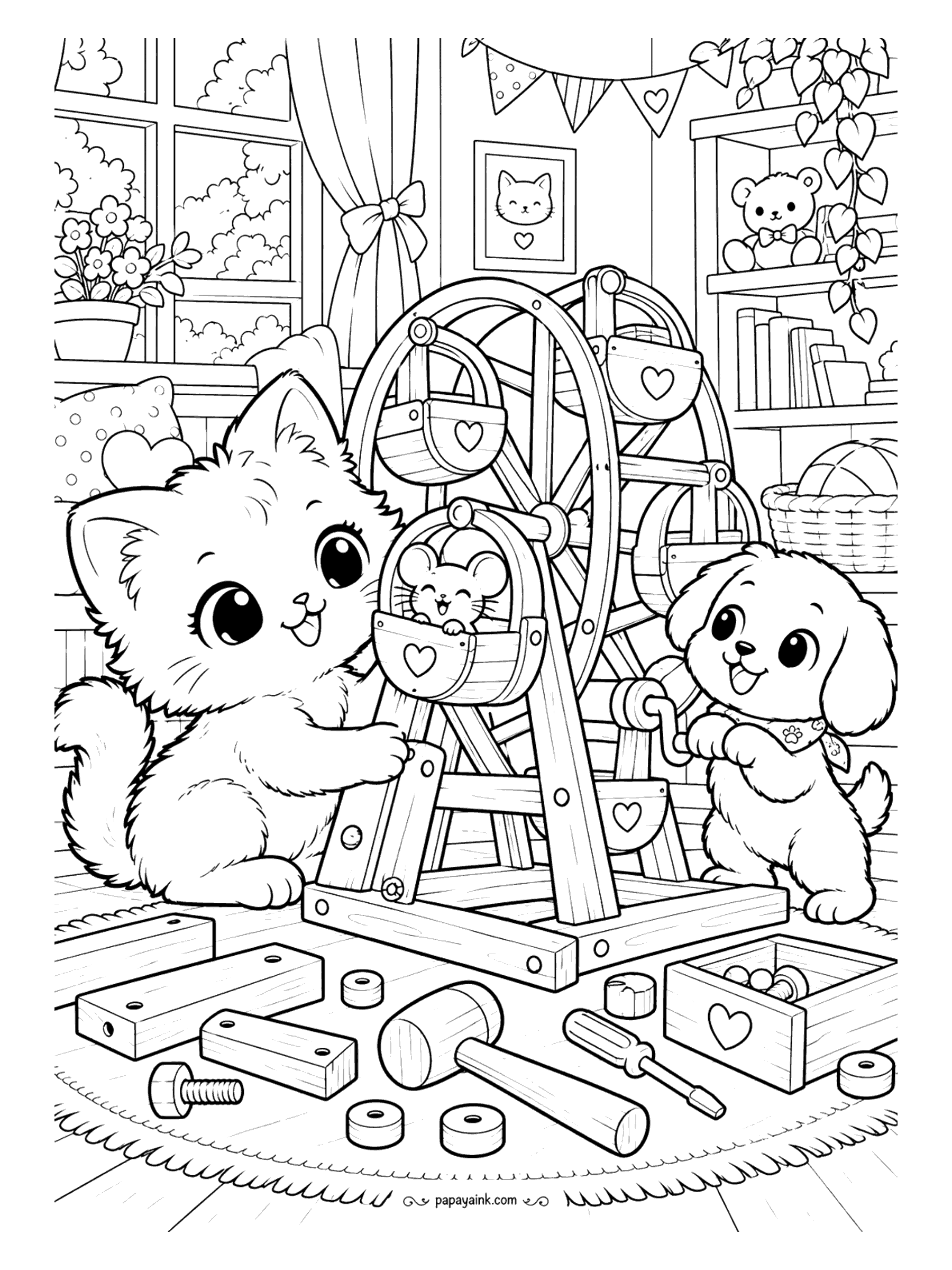 Kawaii Cat Coloring Pages - Handy kitten and puppy assembling a wooden toy Ferris wheel on the playroom rug while a mouse takes the first ride in a heart-painted car, with a mallet, screwdriver and spare parts close by.