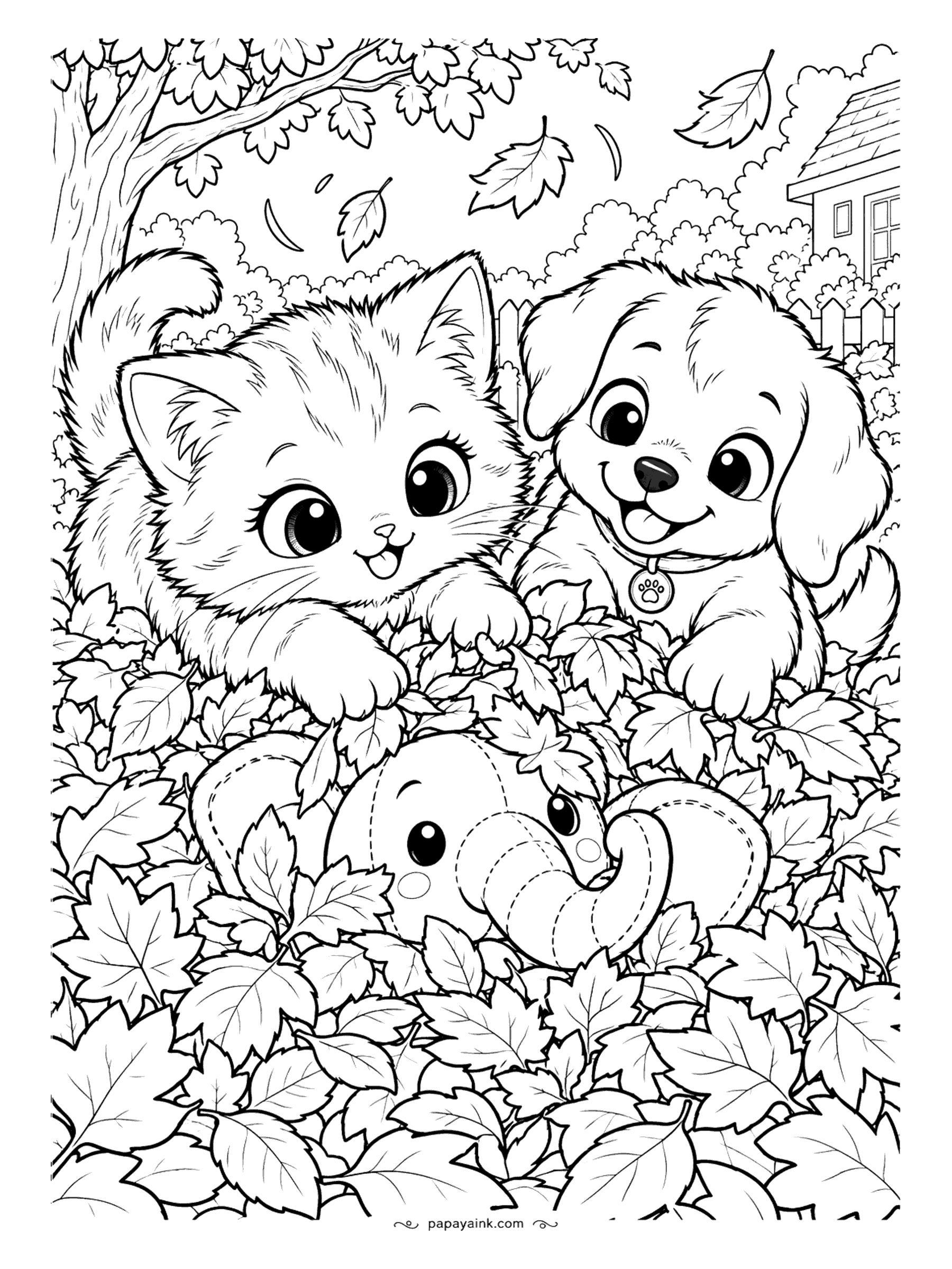 Kawaii Cat Coloring Pages - Kitten and puppy diving into a big pile of autumn leaves to find a stitched plush elephant peeking out - lots of overlapping leaves for rich reds, golds and browns. Detailed.