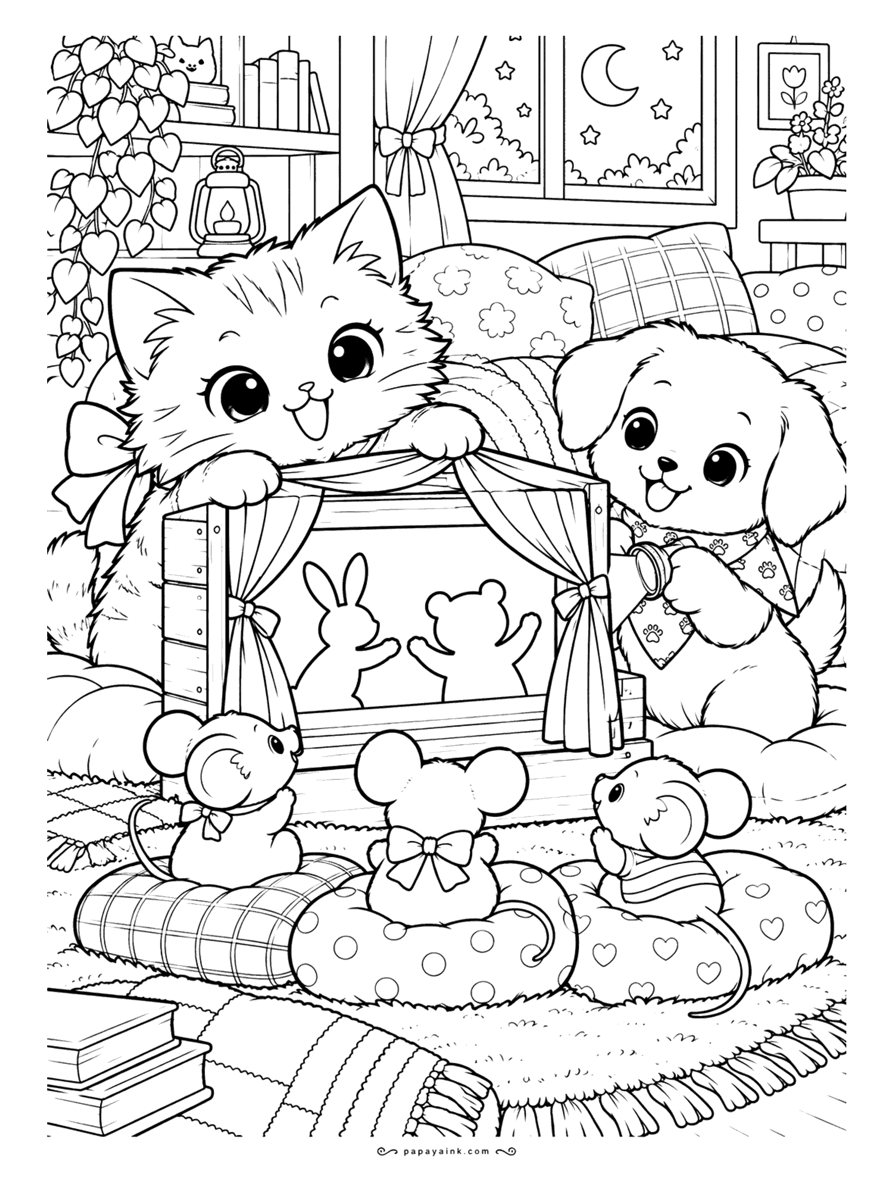 Kawaii Cat Coloring Pages - Kitten and puppy putting on a shadow puppet show of a bunny and a bear, the puppy holding the flashlight while three mice watch from cushions on a cozy rug - moonlight in the window sets the evening mood.