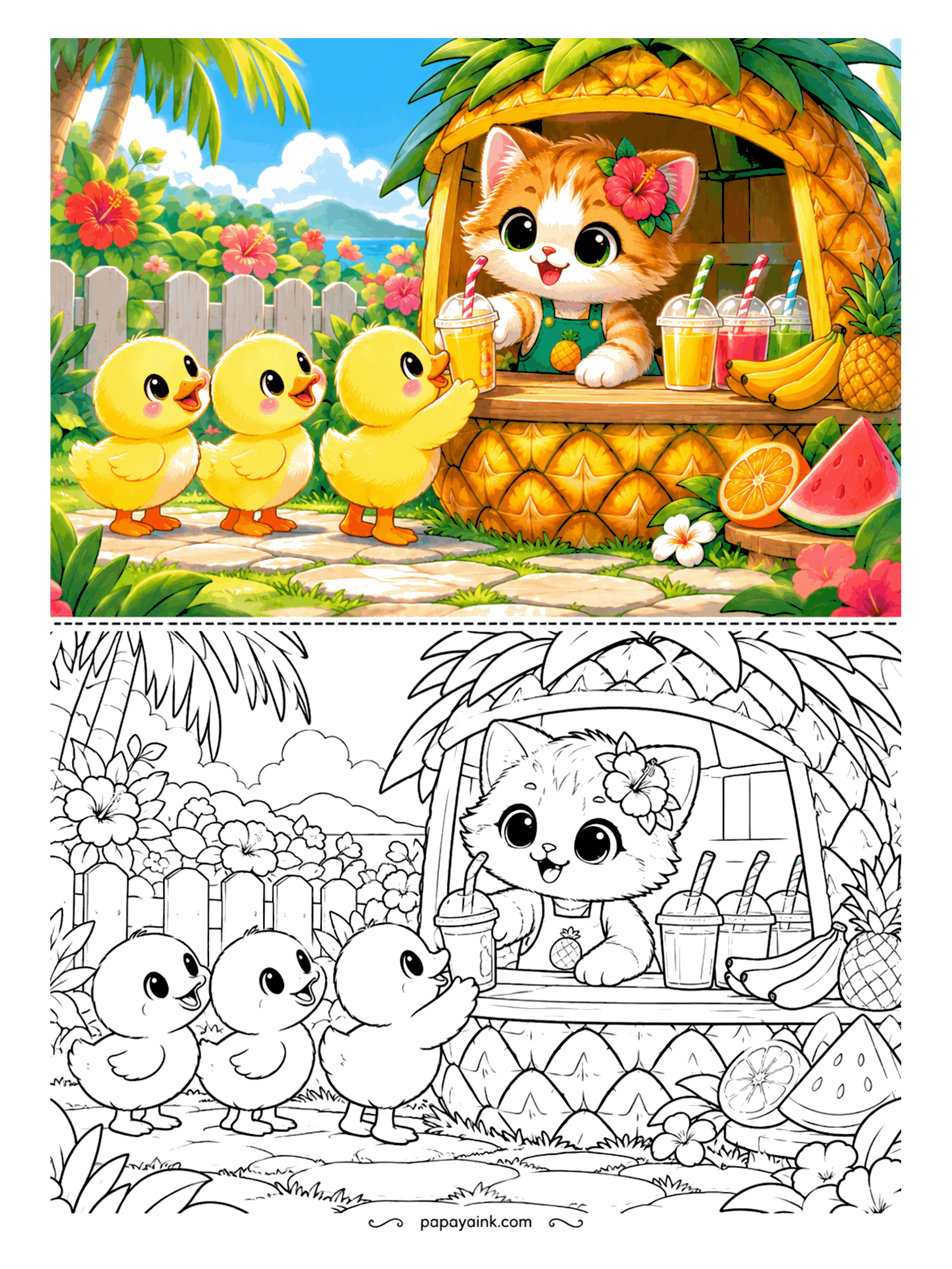 Kawaii Cat Coloring Pages - Kitten with a hibiscus behind its ear serving fresh smoothies from a pineapple-shaped stand to a line of ducklings, with bananas, orange slices and watermelon on the counter.