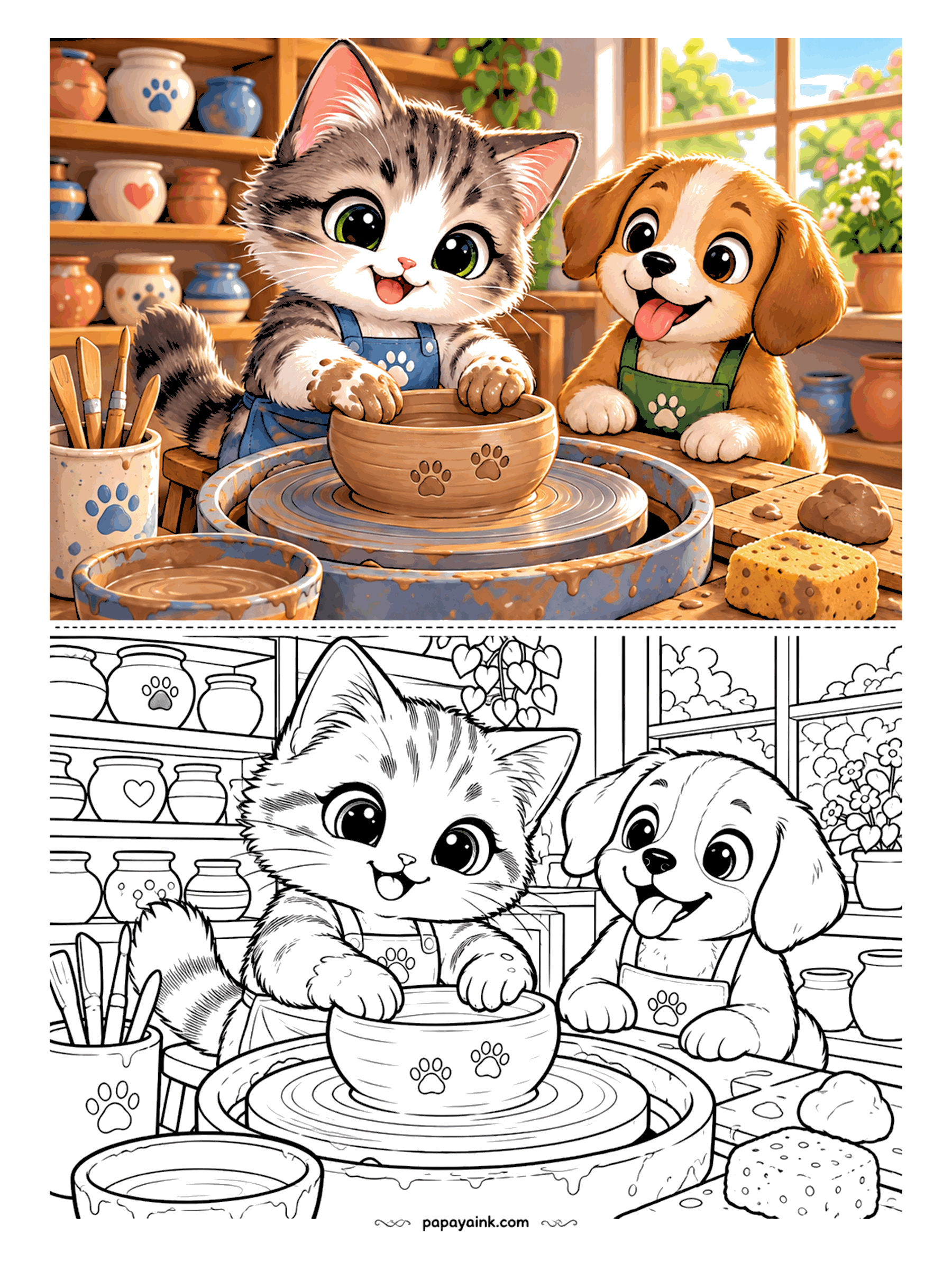 Kawaii Cat Coloring Pages - Clay-covered kitten in an apron shaping a paw-print bowl on the pottery wheel while a puppy friend watches from the next seat, shelves of finished pots all around.