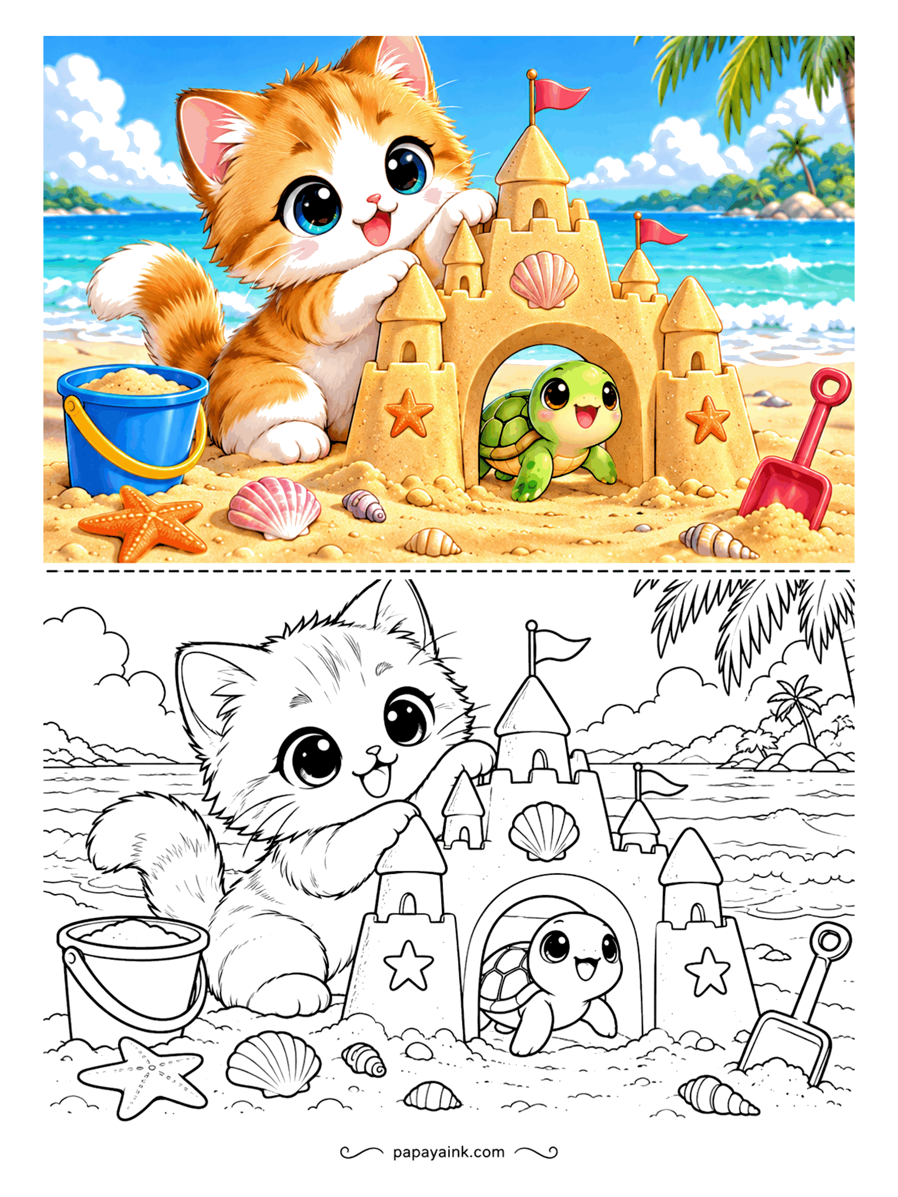 Kawaii Cat Coloring Pages - Beach-day kitten patting the towers of a seashell sandcastle as a baby turtle peeks out of the arched gate, with a pail, a spade and starfish in the sand.